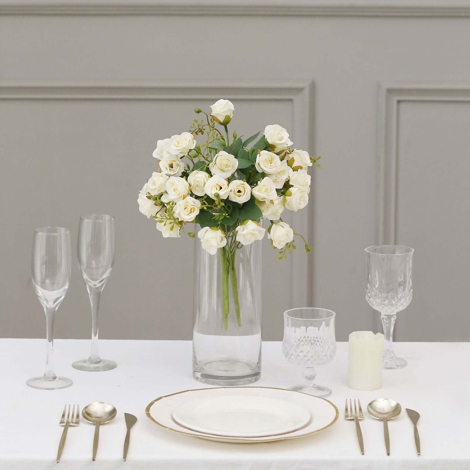 2 Pack of 12-Inch Ivory Artificial Open Rose Flower Arrangements, Small Faux Floral Bouquets