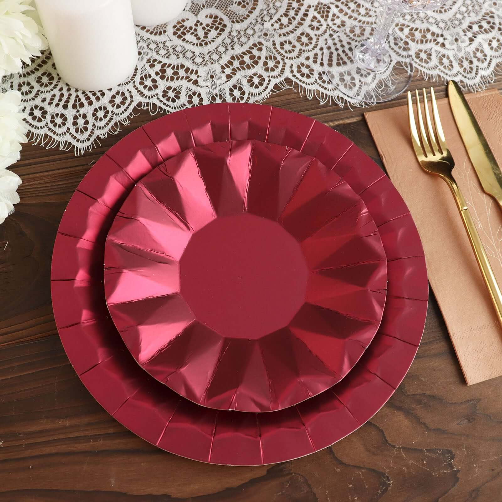 25-Pack 7-Inch Disposable Burgundy Round Dessert Plates with Geometric Prism Rim, 400GSM