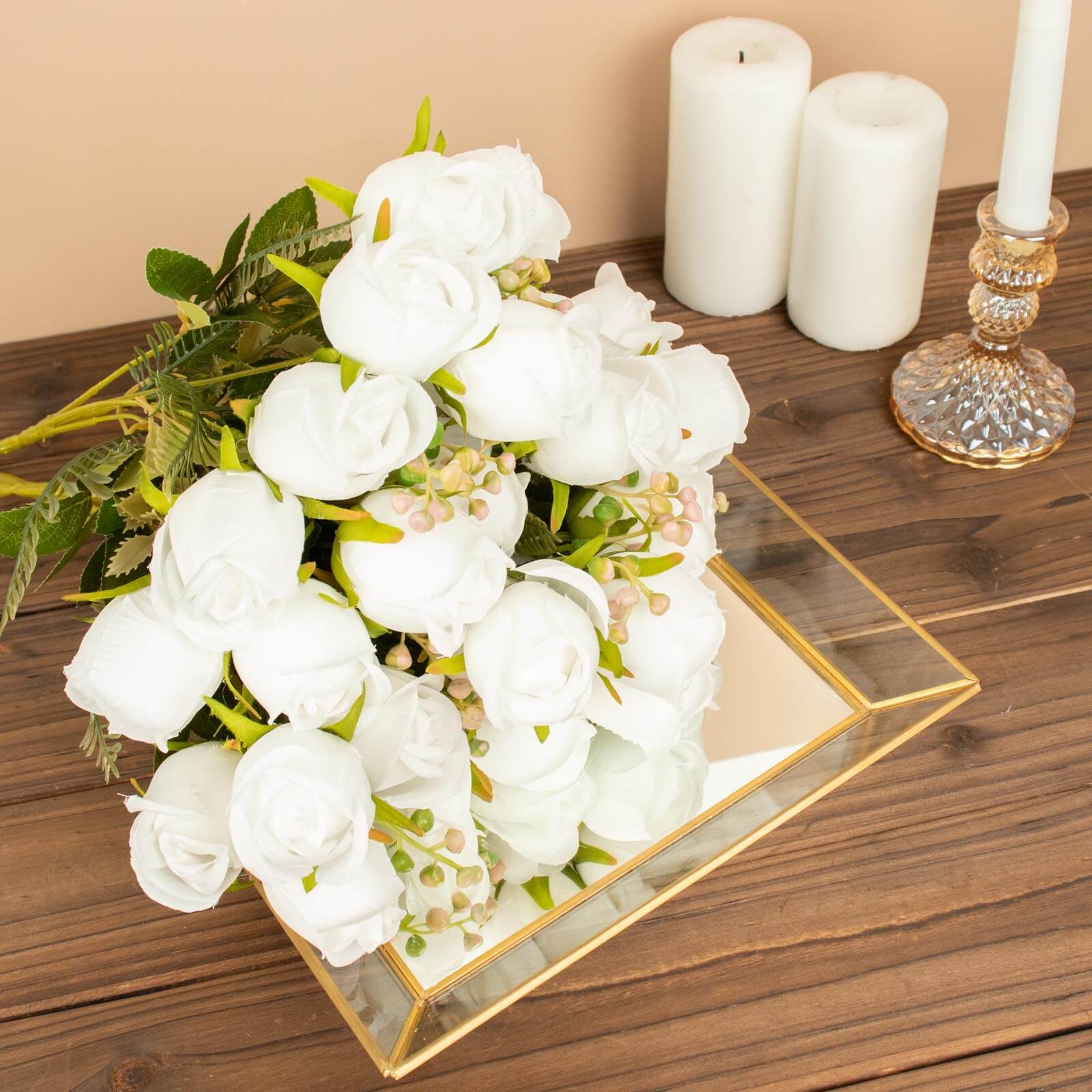 Hot Deal! 3-Pack 13" White Real-Touch Silk Rose Bud Bridal Bouquets for Decor