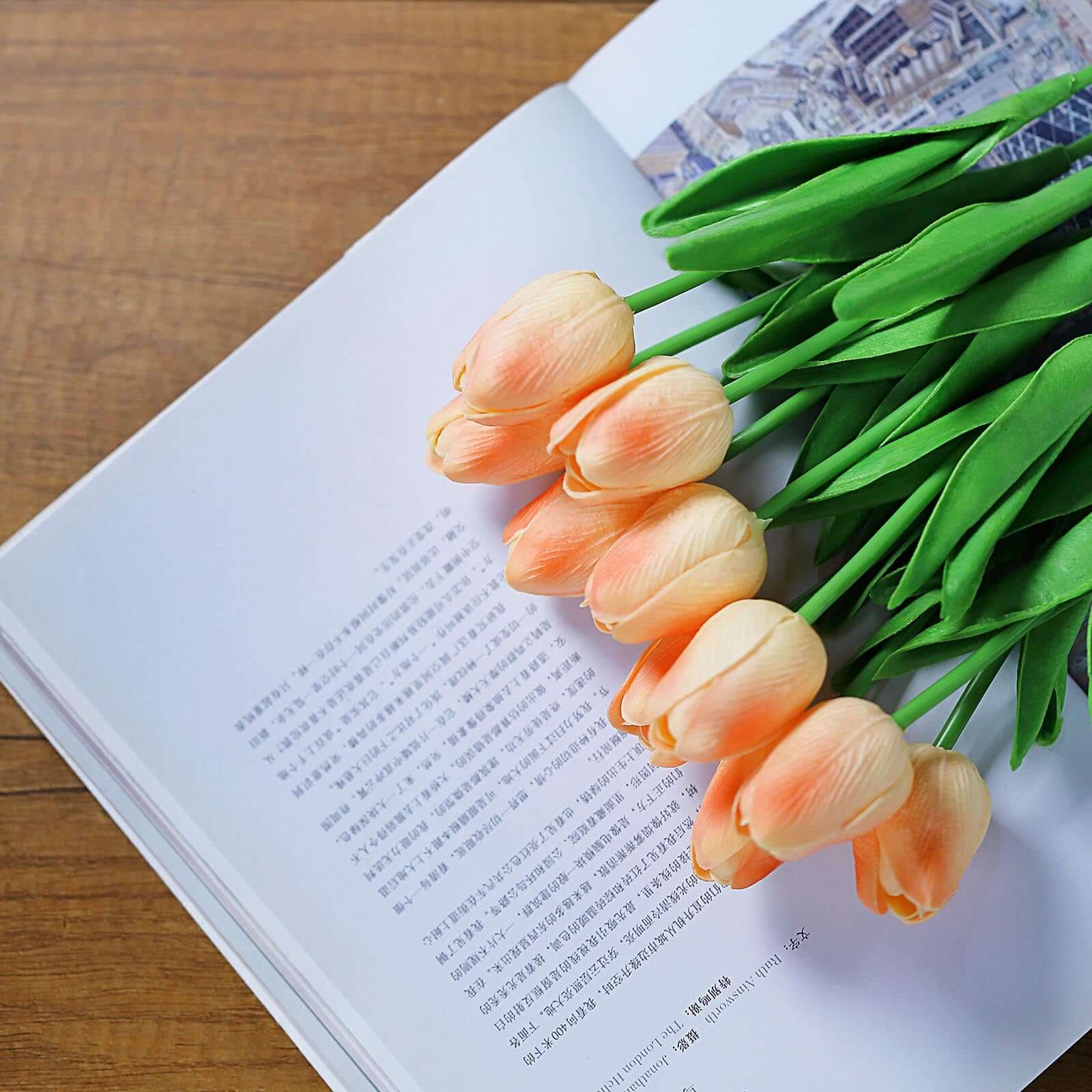 13-Inch Peach Real Touch Artificial Foam Tulip Flower Bouquets - 10 Stems for Various Decorations