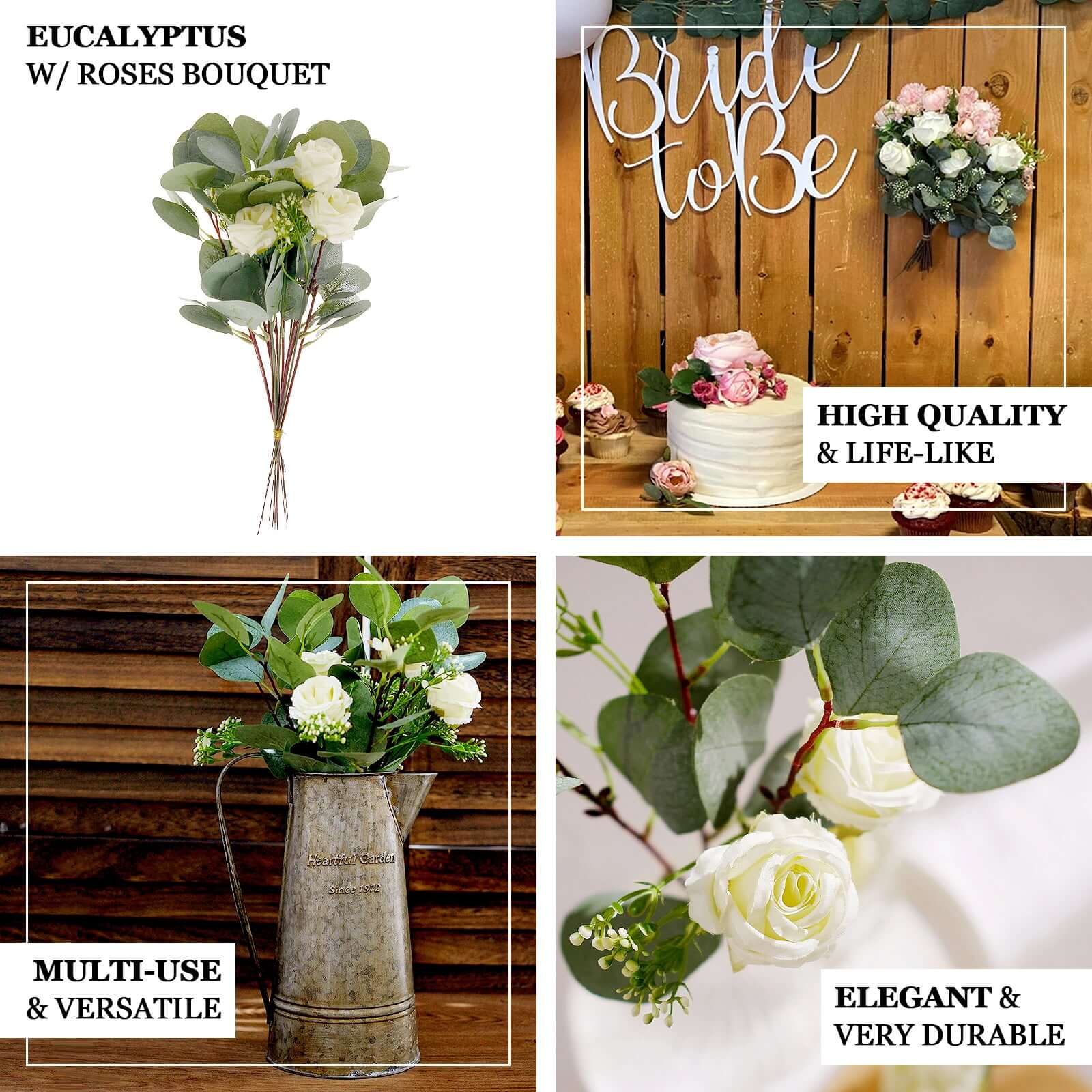 15-Piece Ivory Artificial Silk Rose and Eucalyptus Bouquet for Decor