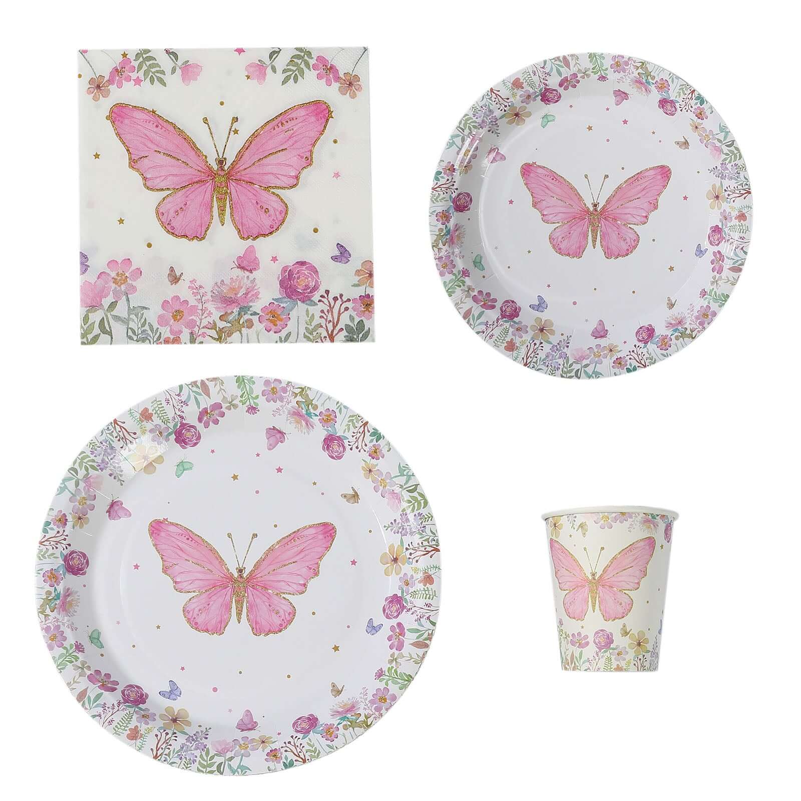 96-Piece Disposable Paper Dinnerware Set with Butterfly Print in White and Pink