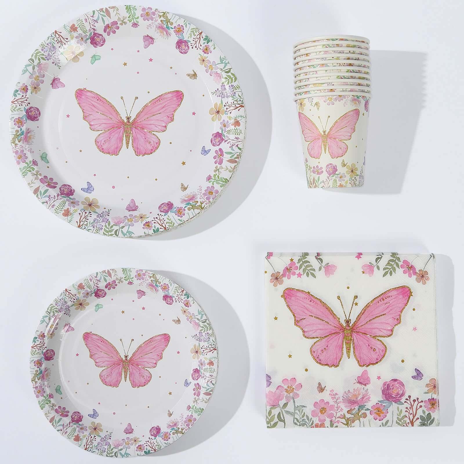 96-Piece Disposable Paper Dinnerware Set with Butterfly Print in White and Pink