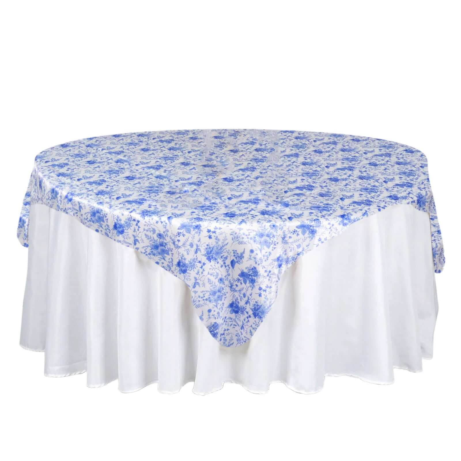 White and Blue Satin 72x72 Square Table Overlay with French Toile Floral for Elegant Celebrations