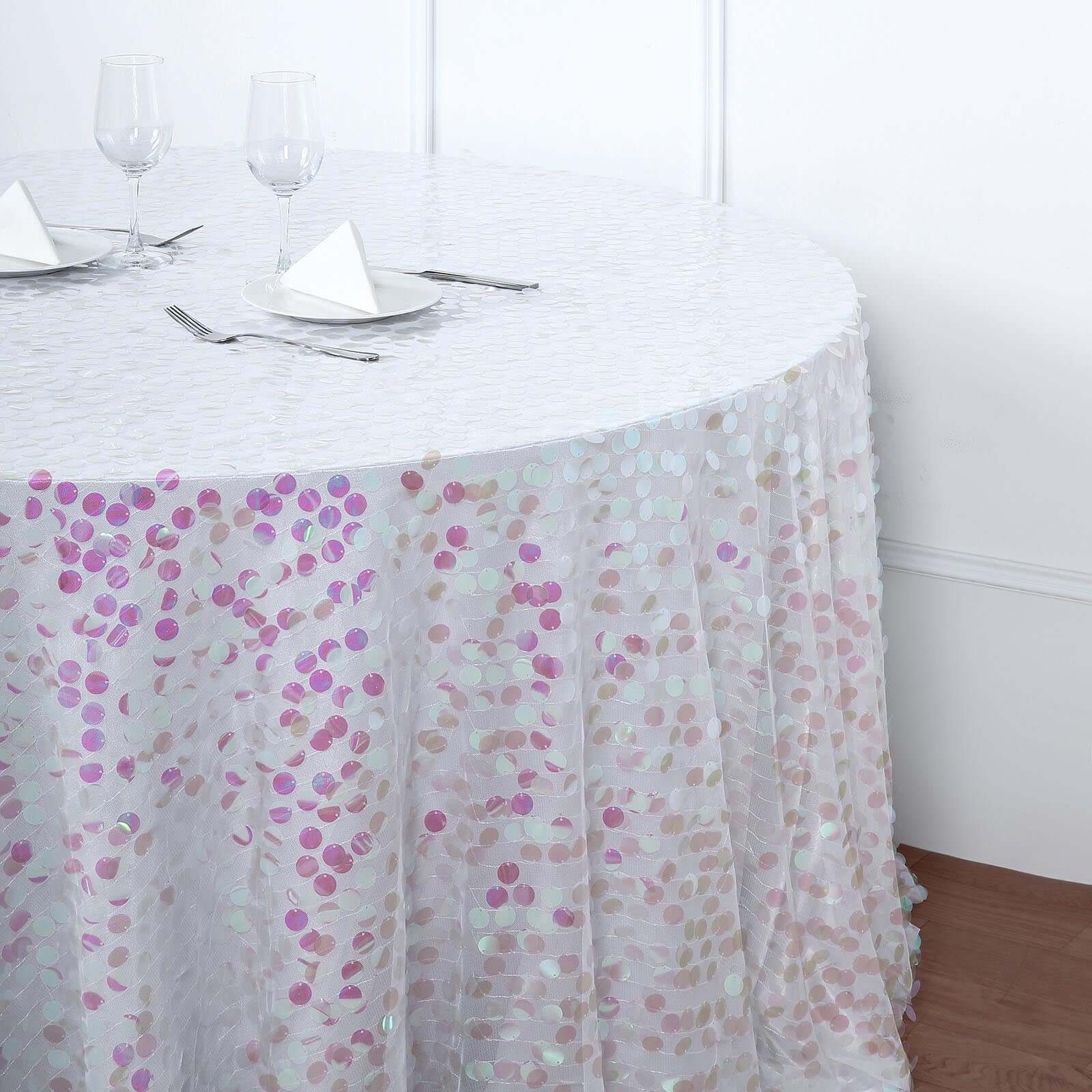 120-Inch Iridescent Seamless Big Payette Sequin Round Tablecloth for 5-Foot Tables