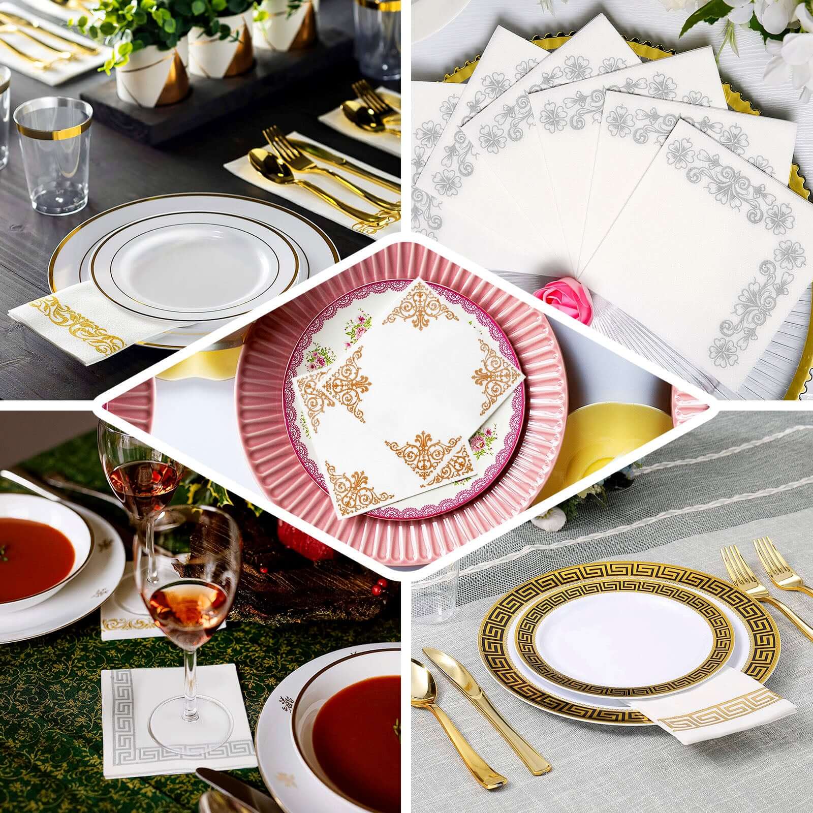 20-Pack Airlaid Party Napkins: White with Gold Scroll Floral Design - Soft & Absorbent