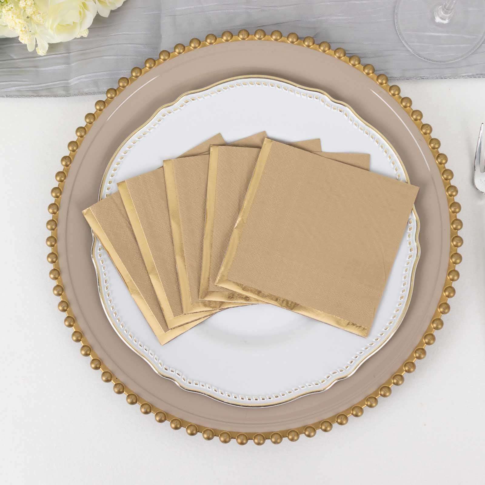 50-Piece 2-Ply Disposable Soft 18GSM Natural Paper Cocktail Napkins with Gold Foil Edge 5x5