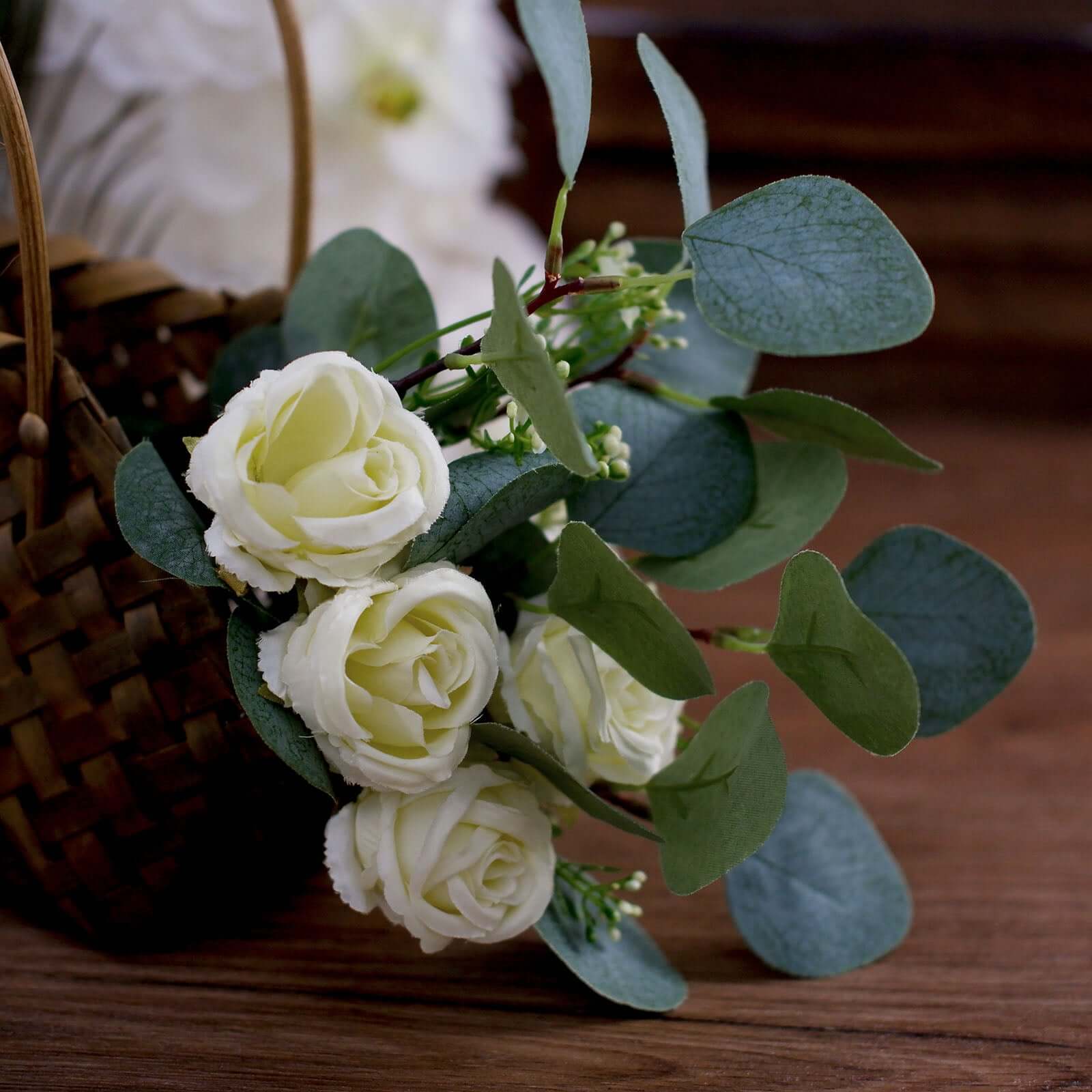 15-Piece Ivory Artificial Silk Rose and Eucalyptus Bouquet for Decor