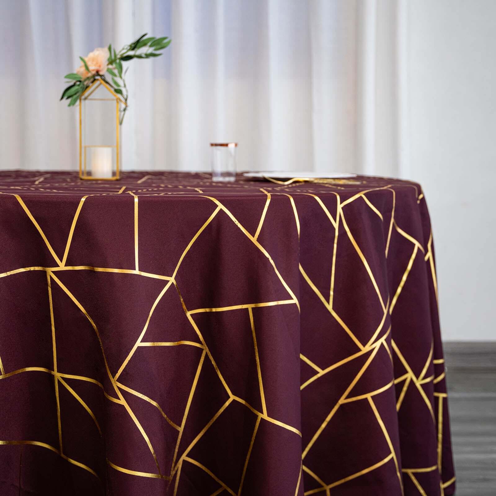 Exclusive 120-Inch Burgundy Polyester Seamless Round Tablecloth with Gold Foil Geometric Design for 5-Foot Tables