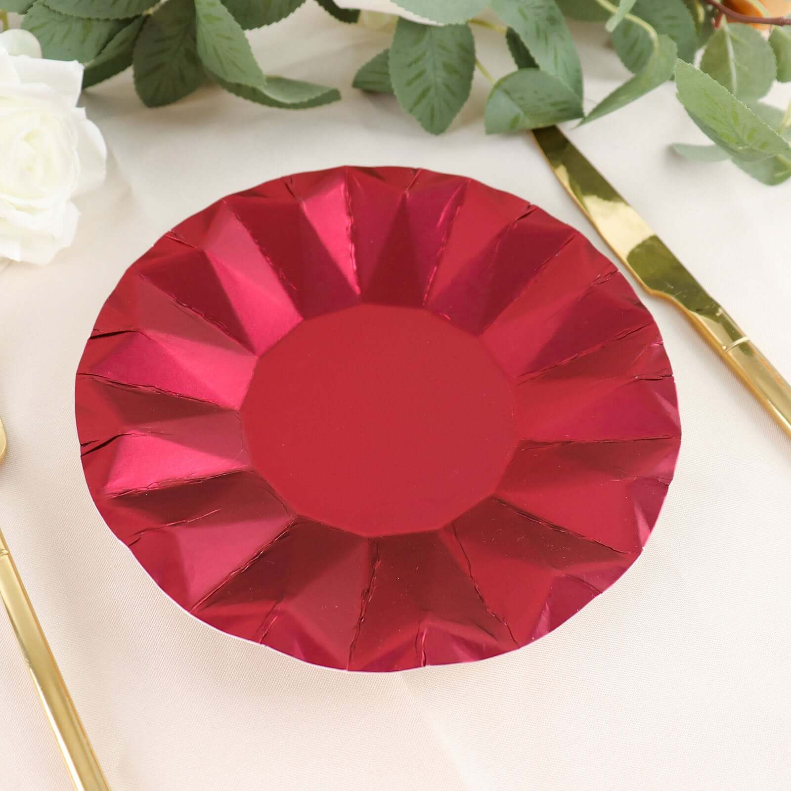 25-Pack 7-Inch Disposable Burgundy Round Dessert Plates with Geometric Prism Rim, 400GSM