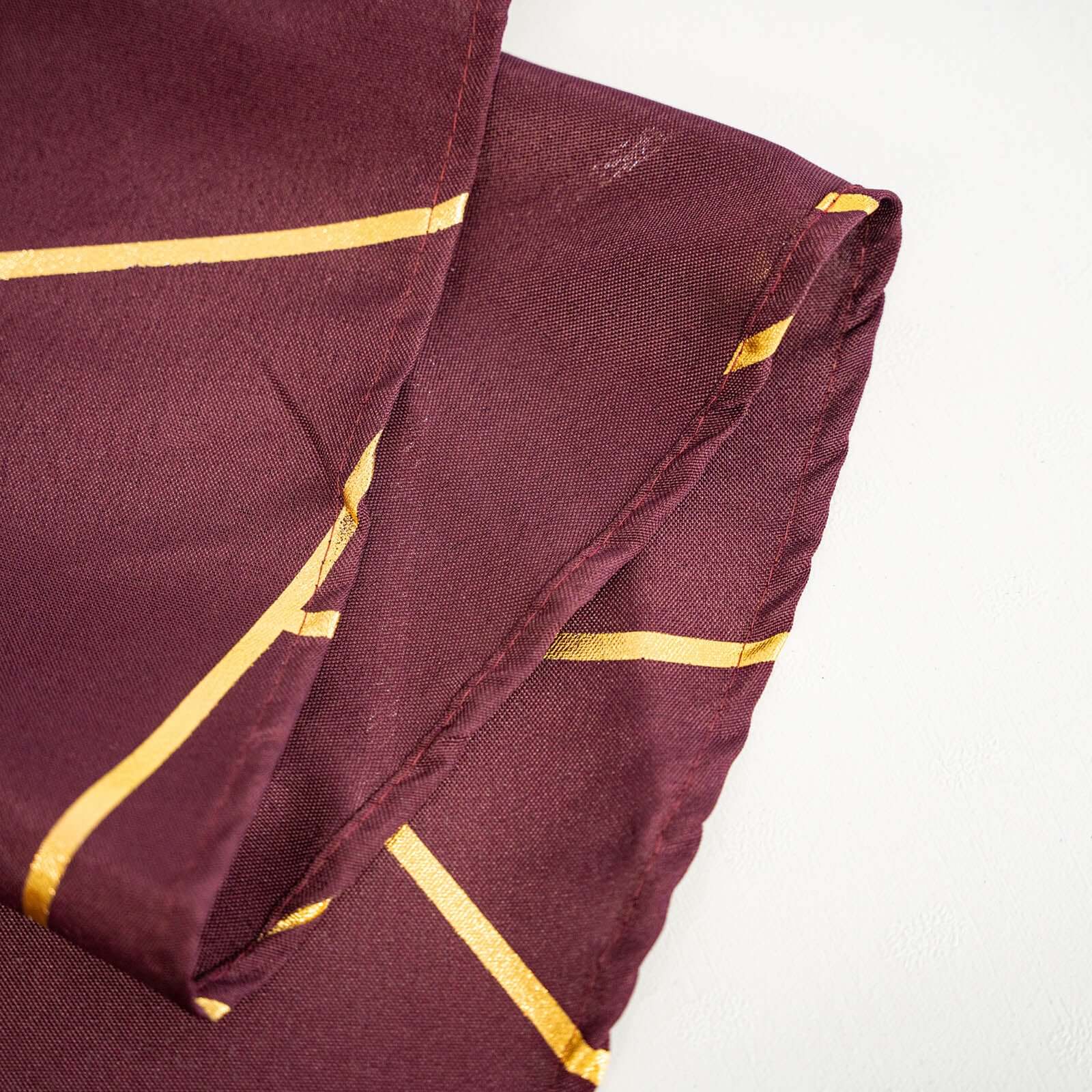 Exclusive 120-Inch Burgundy Polyester Seamless Round Tablecloth with Gold Foil Geometric Design for 5-Foot Tables