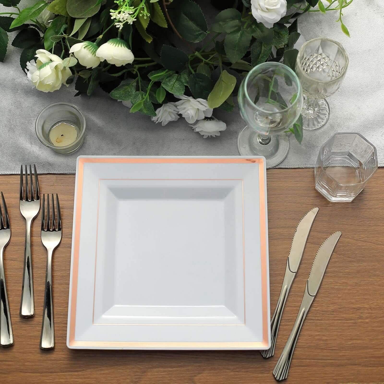 Hot Deal! 10-Pack White Square Plastic Dinner Plates with Rose Gold Trim for Events