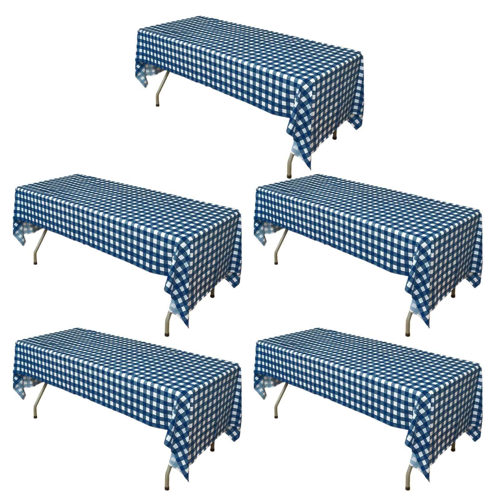 5-Pack Plastic Table Covers Navy Blue Checkered Rectangle - Durable PVC Disposable Covers for Events 54x108