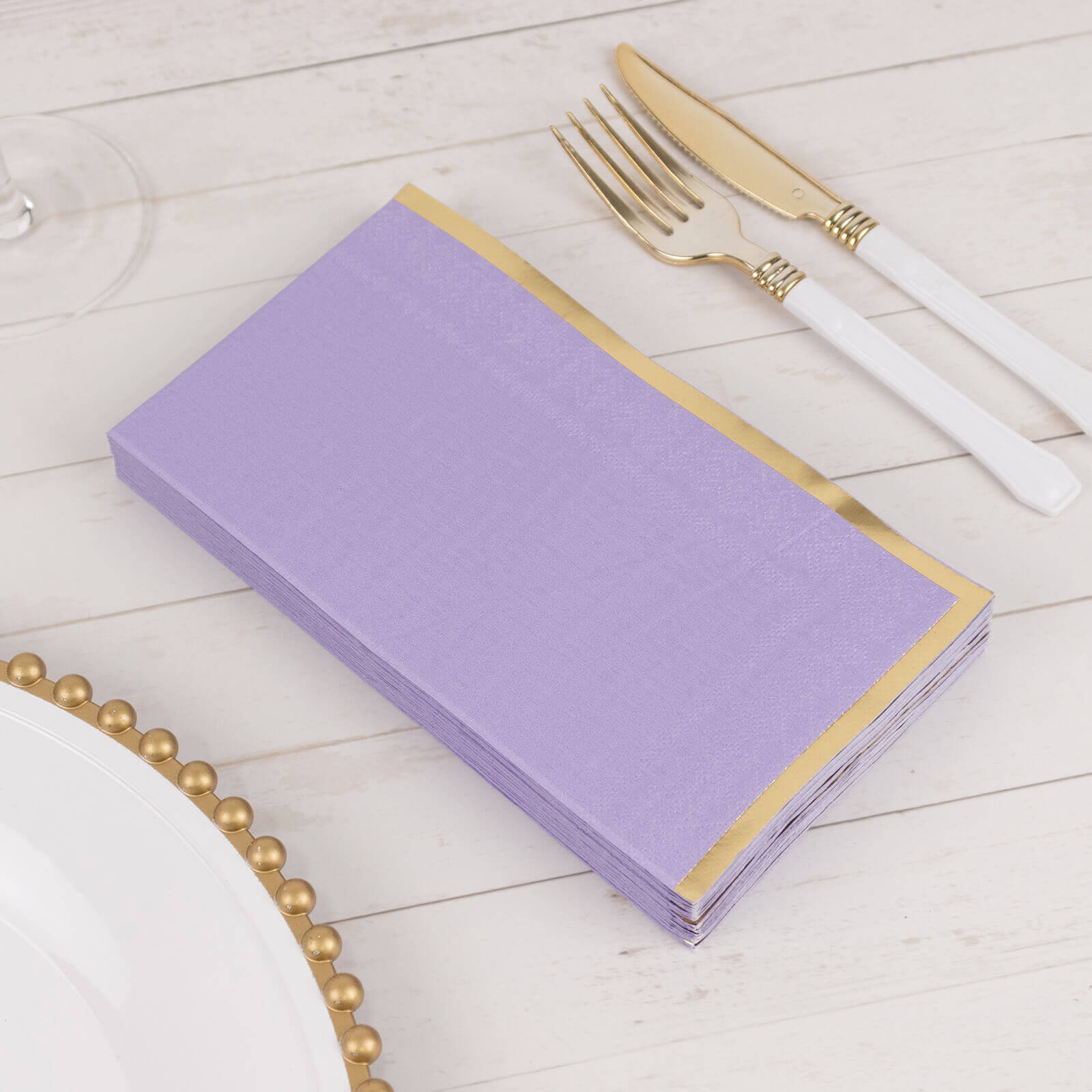 Get 50-Pack Stylish 2-Ply Disposable Paper Dinner Napkins in Lavender with Gold Foil Edge