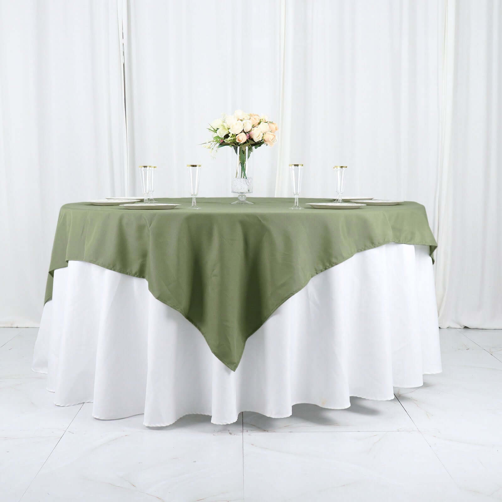 Get This Durable & Wrinkle-Resistant 70x70 Polyester Square Table Overlay in Dusty Sage Green
