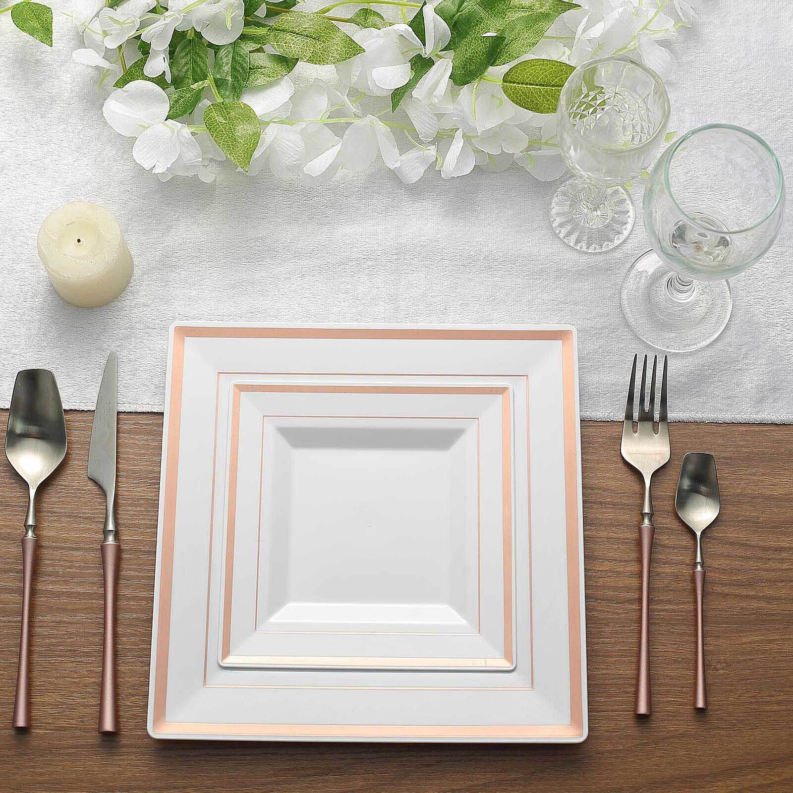 Hot Deal! 10-Pack White Square Plastic Dinner Plates with Rose Gold Trim for Events
