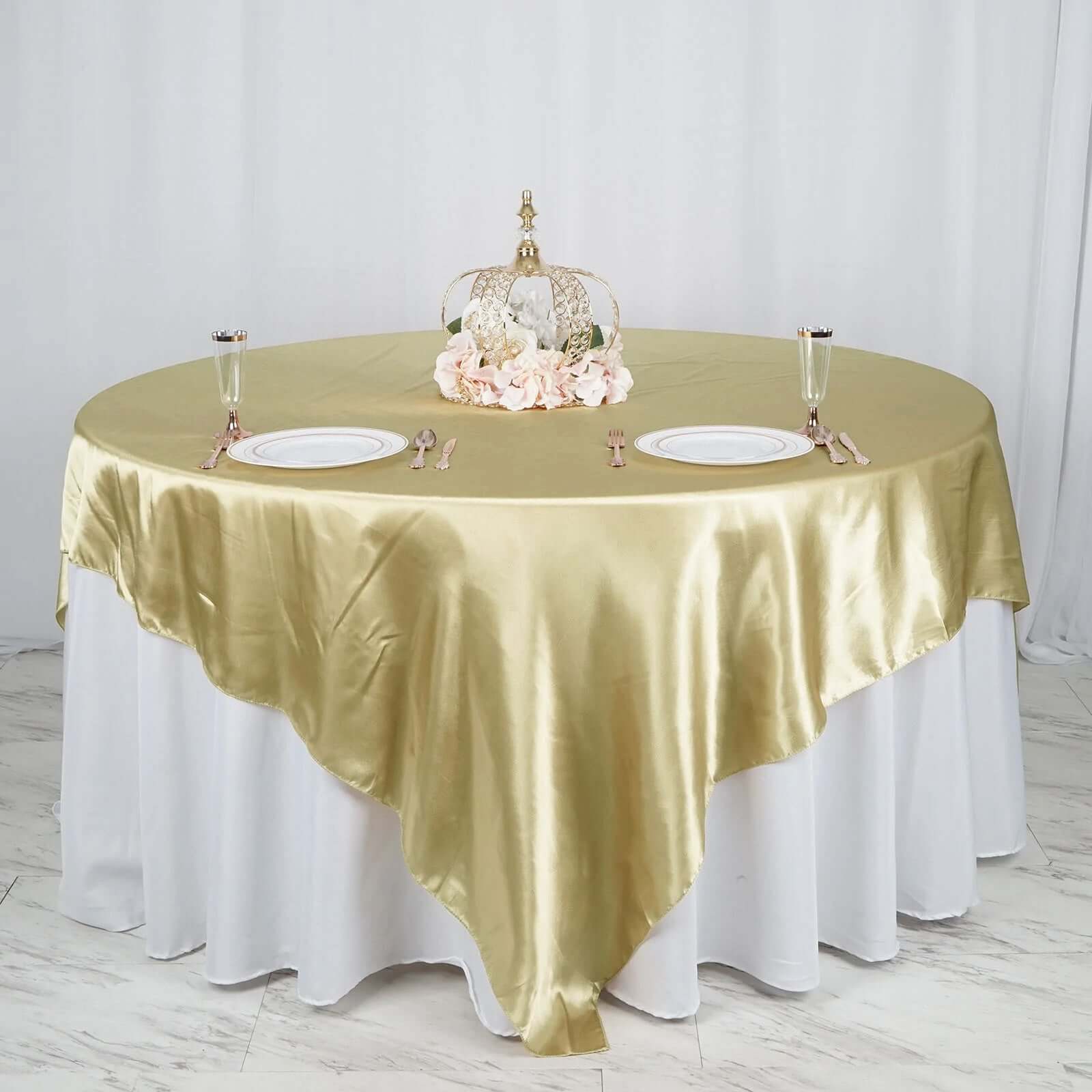 Champagne Satin 90x90 Square Table Overlay with Smooth Finish