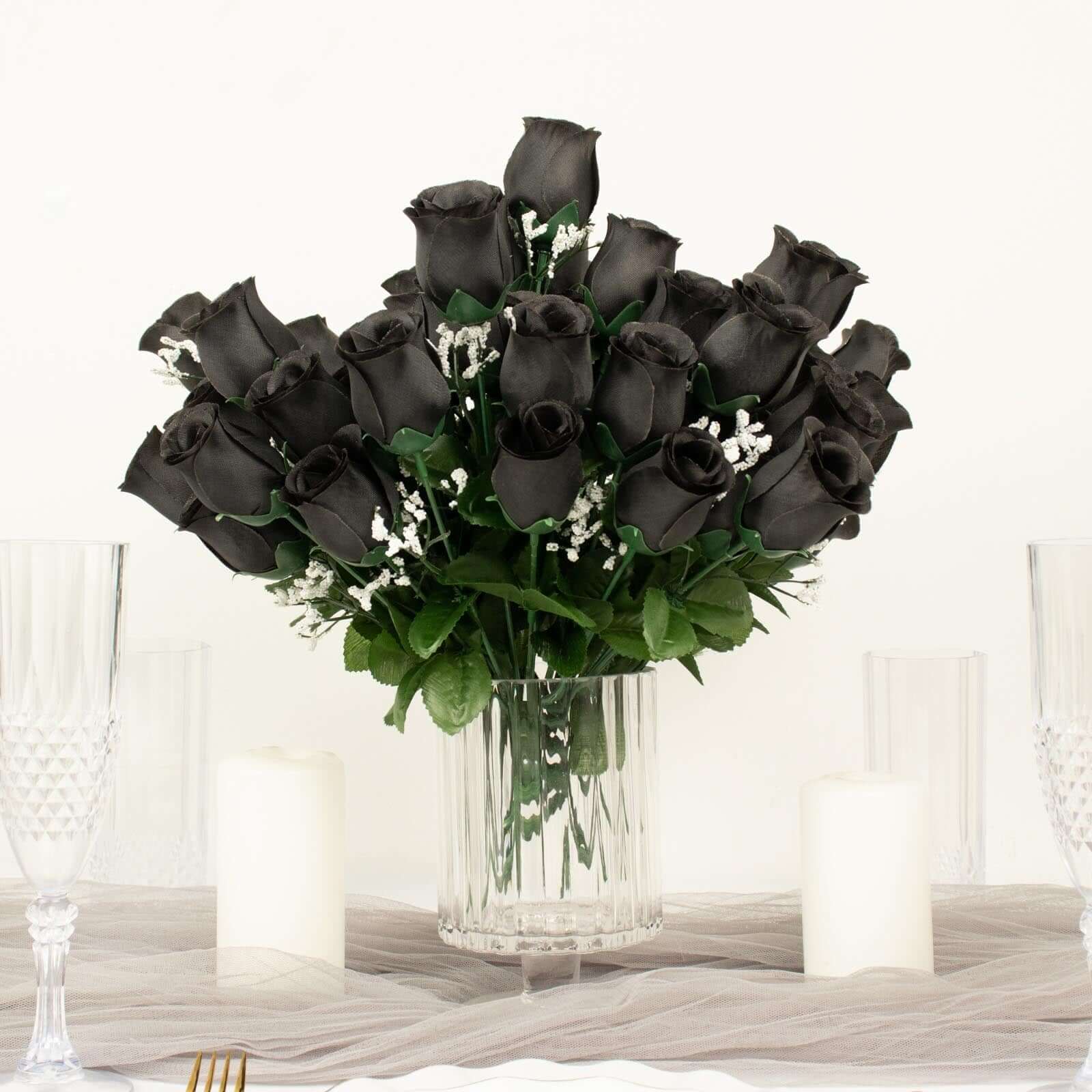 Premium Artificial Black Silk Rose Bud Bouquets - 12 Bushes for Stunning Decor