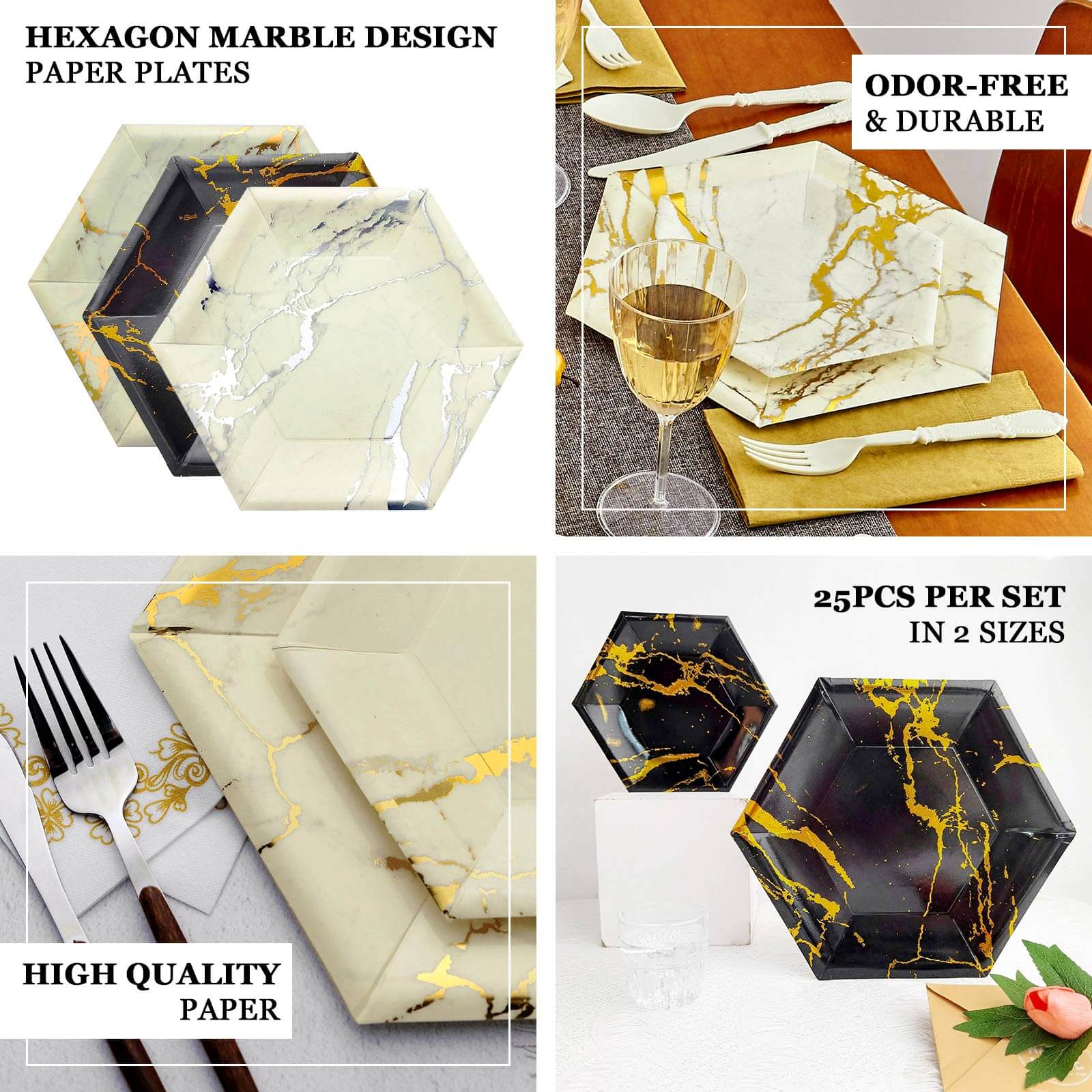25-Pack Ivory Marble Disposable Dinner Paper Plates, 12-Inch Hexagon with Gold Foil Design - Great Value!