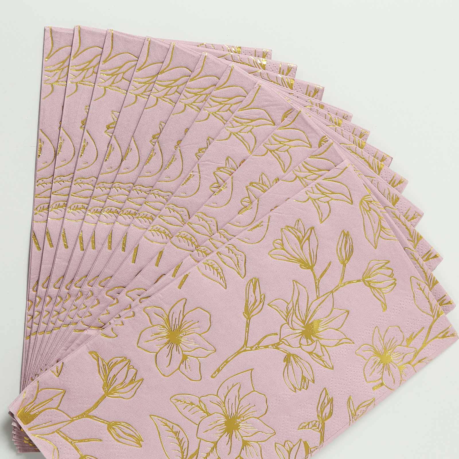50-Pack Disposable 2-Ply Soft Paper Dinner Napkins in Dusty Rose with Gold Magnolia Prints for Parties
