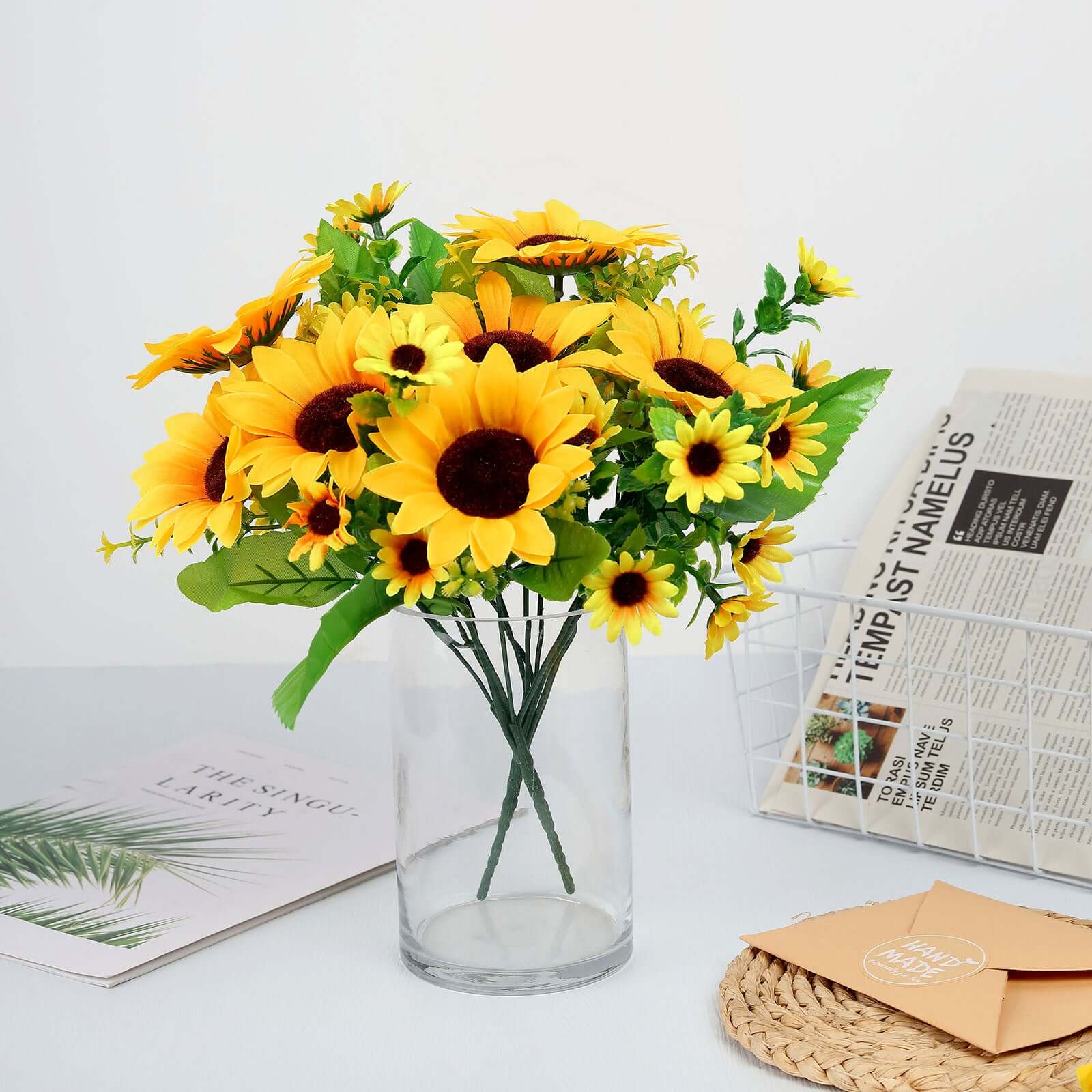 2 Bouquets of 13 Yellow Silk Artificial Sunflower Flower Bushes for Decor