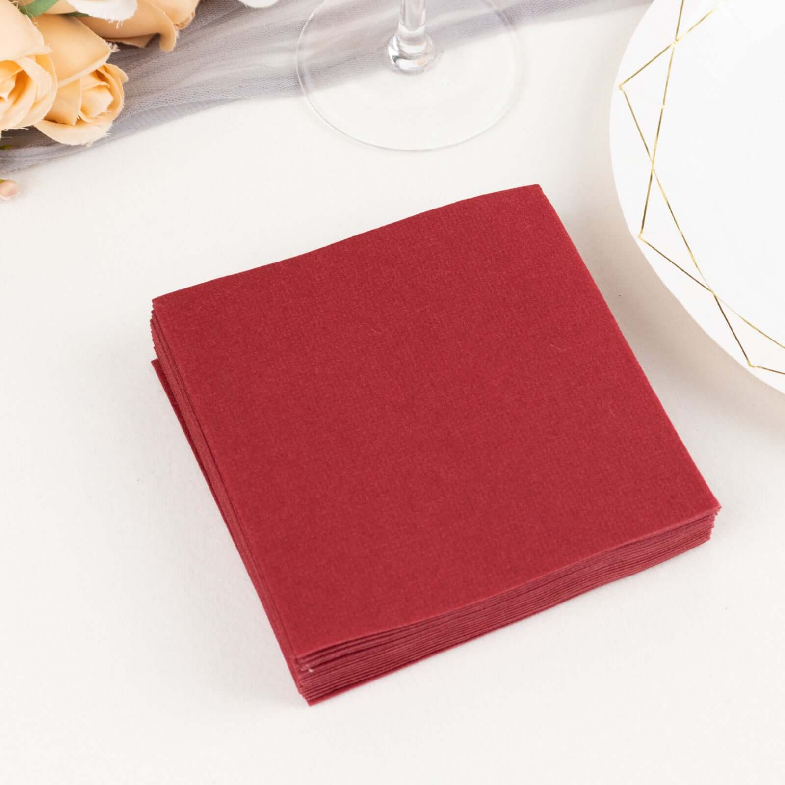 20-Pack Highly Absorbent Burgundy 5x5 Linen-Like Airlaid Napkins - Ideal for Events