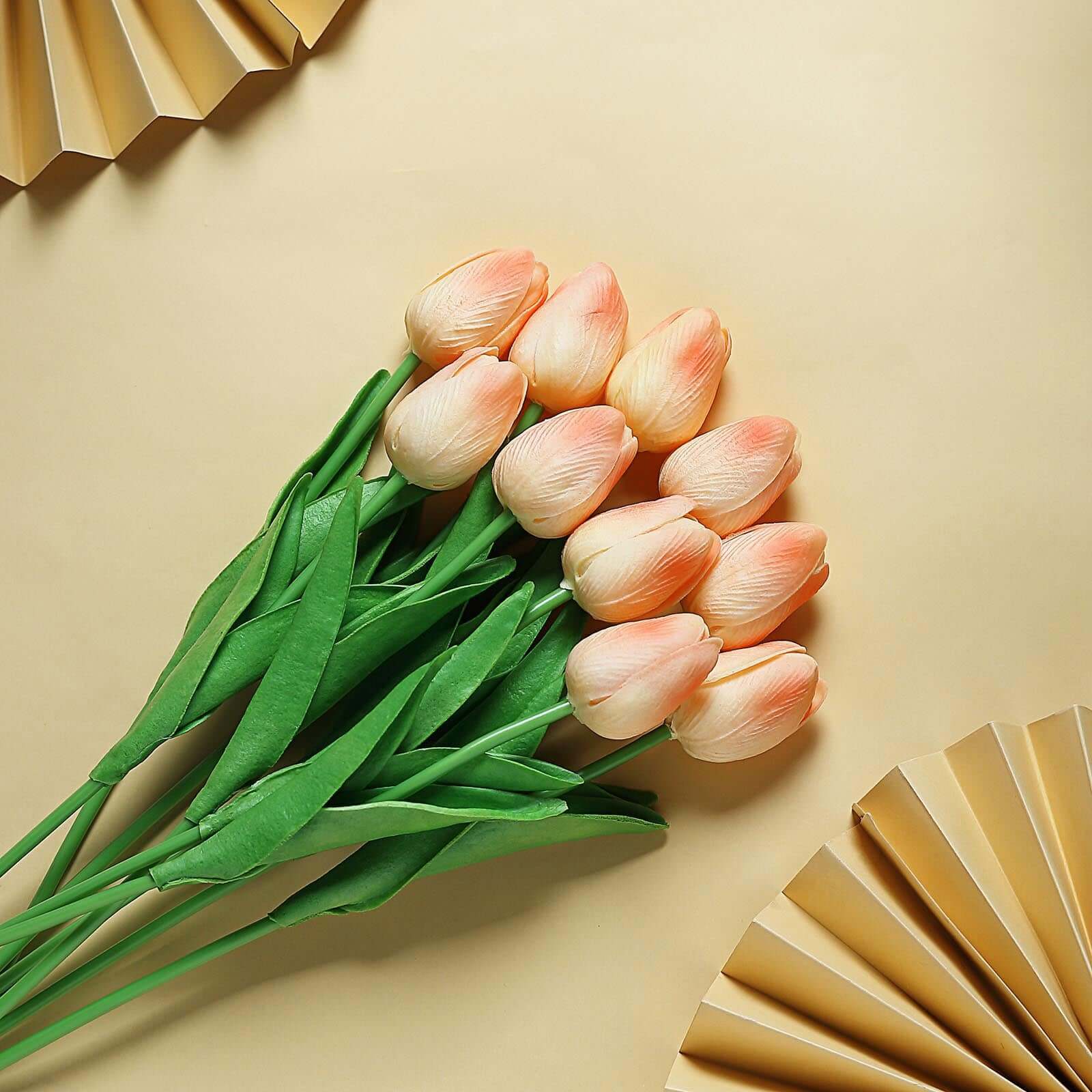 13-Inch Peach Real Touch Artificial Foam Tulip Flower Bouquets - 10 Stems for Various Decorations