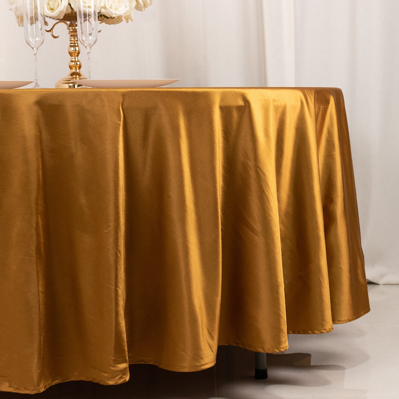 Exclusive Gold Shimmering 108' Round Scuba Tablecloth - Wrinkle & Stain Free for Weddings & Parties