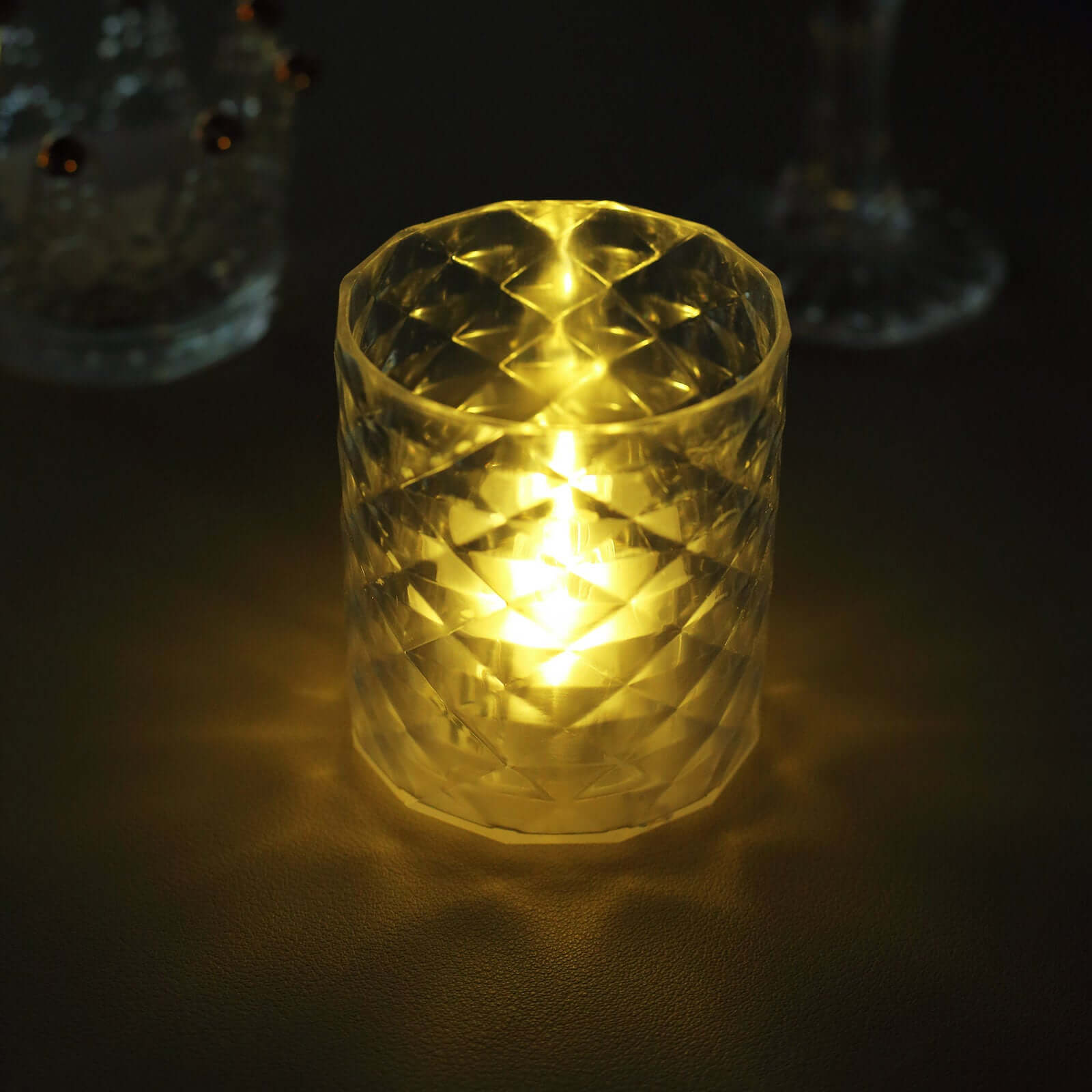 12-Piece Set of Clear LED Tealight Candle Holders in Whiskey Glass Design with Warm White Battery-Operated Lights