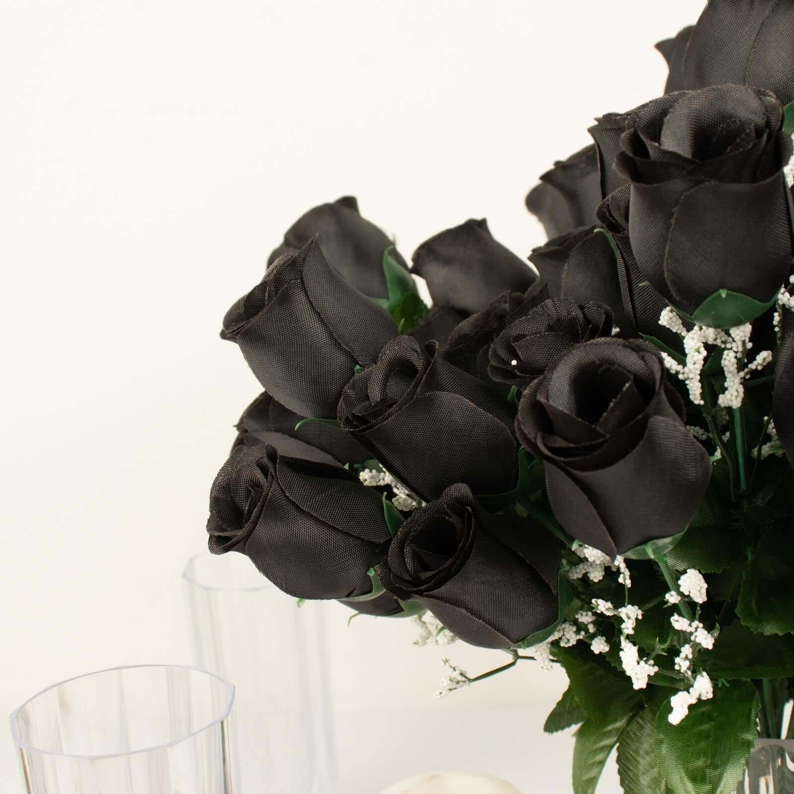 Premium Artificial Black Silk Rose Bud Bouquets - 12 Bushes for Stunning Decor