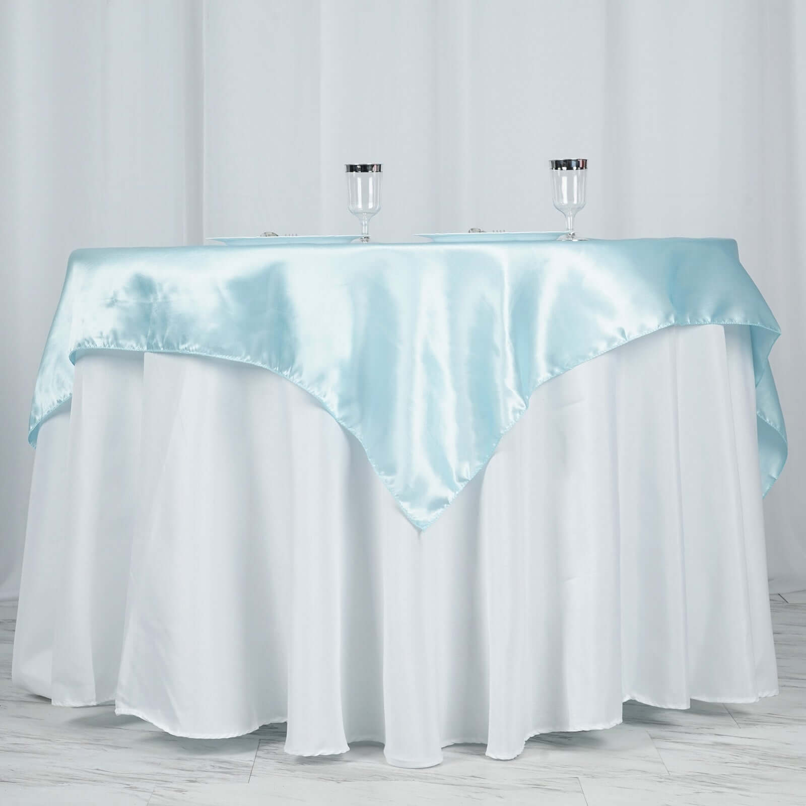 Light Blue Satin Square Table Overlay 60x60 - Smooth, Silky Touch Table Cover for Events