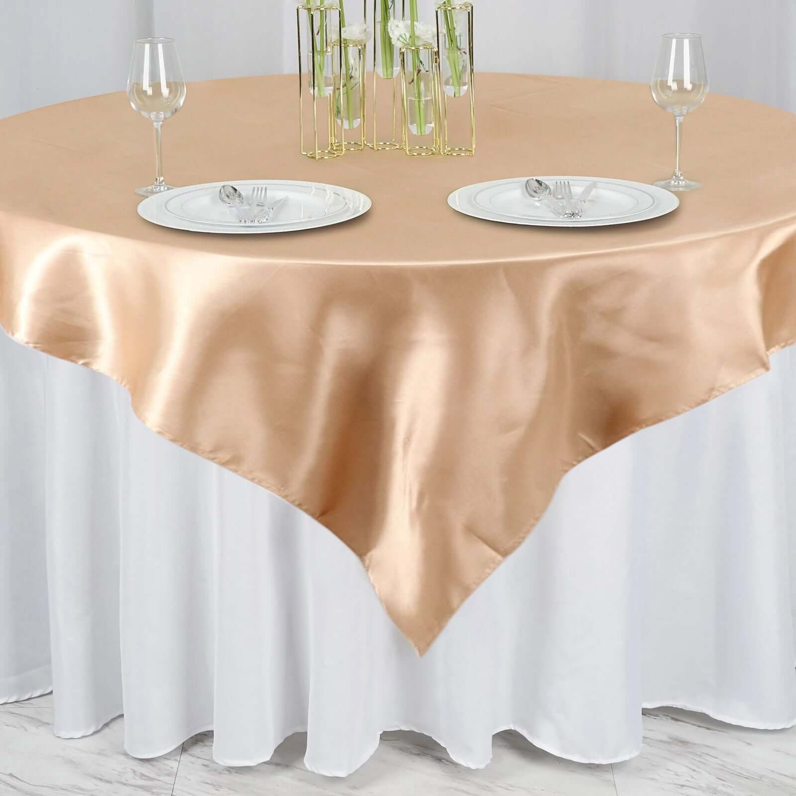 Nude Satin 72x72 Square Table Overlay - Smooth Finish Table Cover for Special Occasions