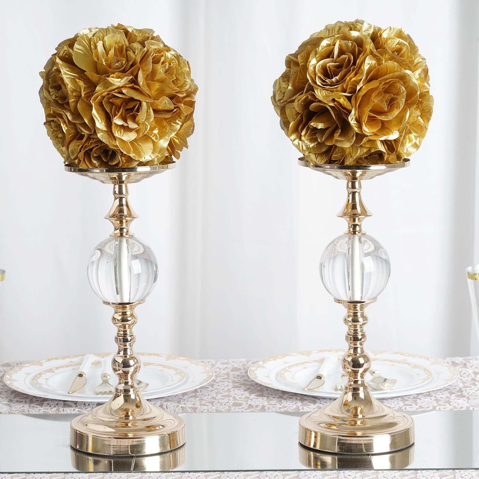 2-Piece Set of 7-Inch Gold Faux Silk Rose Kissing Balls