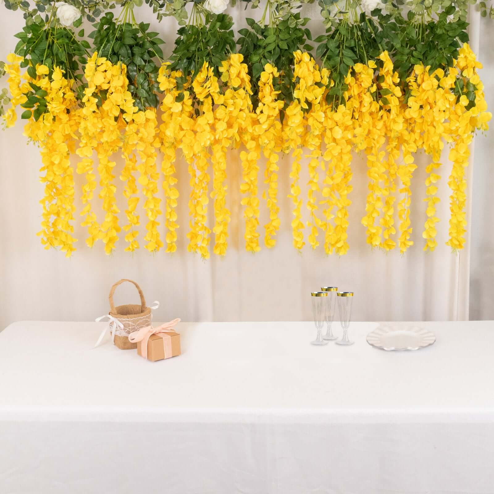 5-Pack Yellow Silk Wisteria Flower Garland Vines, 3 Hanging Strands per Bush, 44 Feet Long