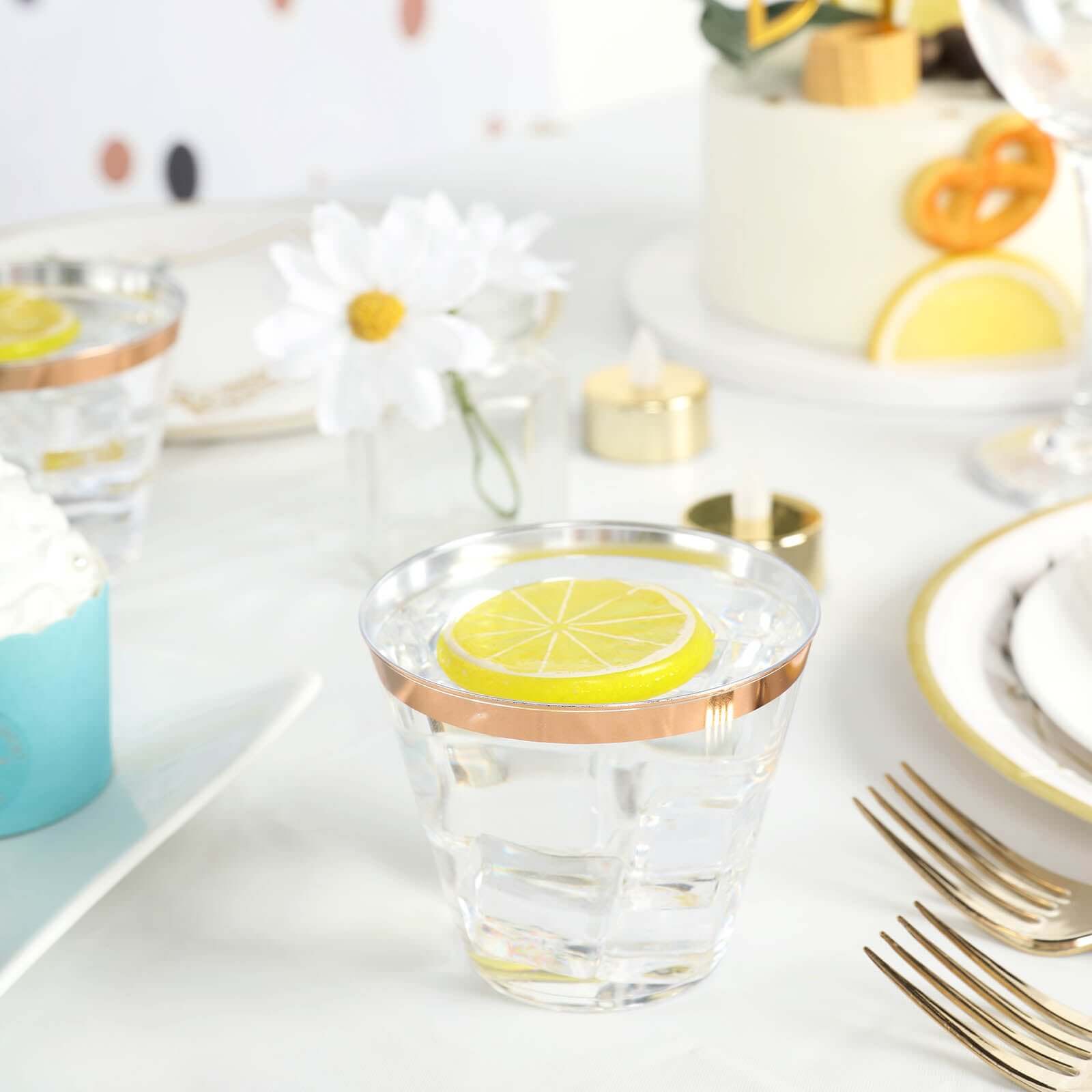 Hot Sale! 12-Pack 10oz Clear Plastic Party Squat Cups with Rose Gold Rim for Special Occasions