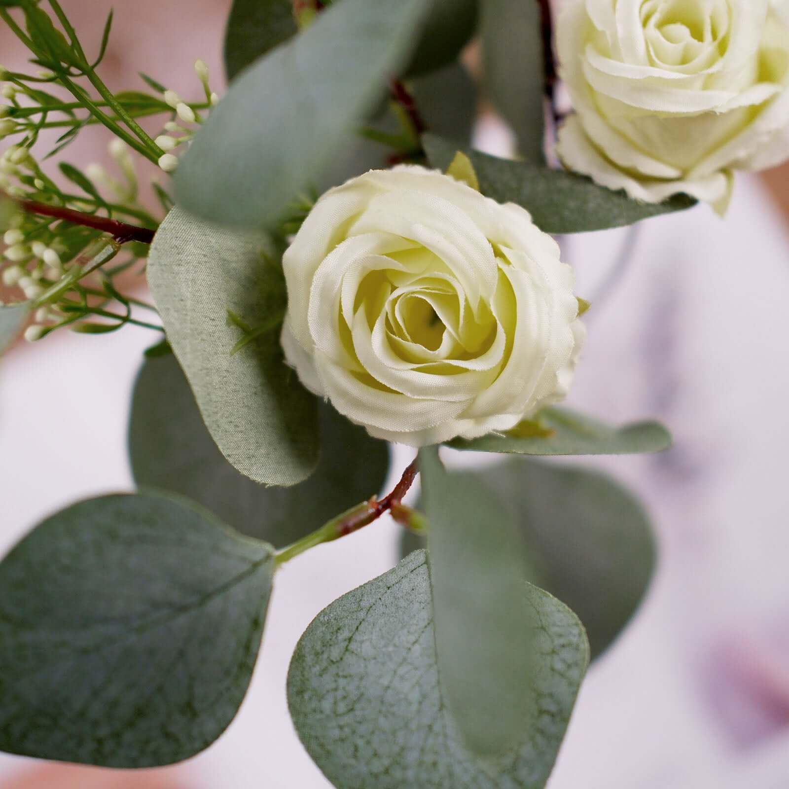 15-Piece Ivory Artificial Silk Rose and Eucalyptus Bouquet for Decor