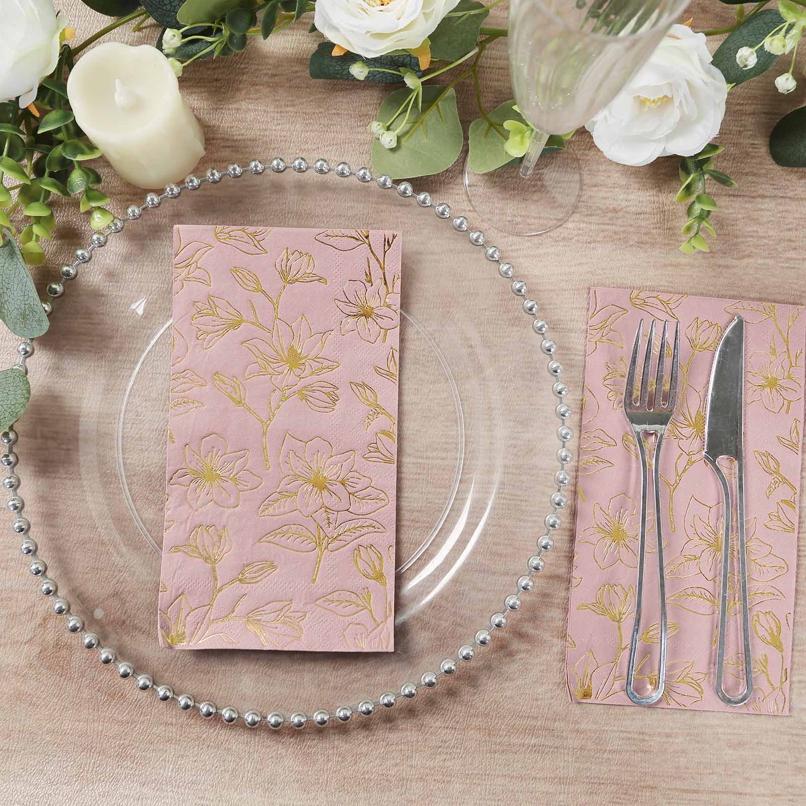 50-Pack Disposable 2-Ply Soft Paper Dinner Napkins in Dusty Rose with Gold Magnolia Prints for Parties