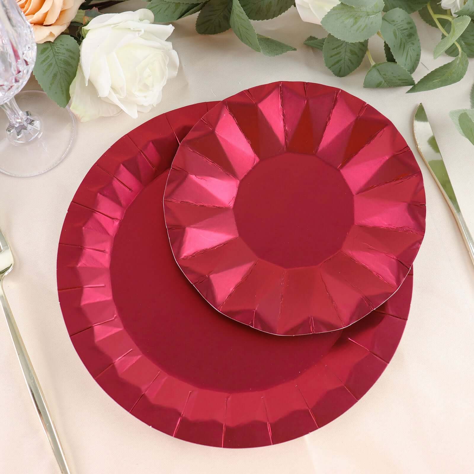 25-Pack 7-Inch Disposable Burgundy Round Dessert Plates with Geometric Prism Rim, 400GSM