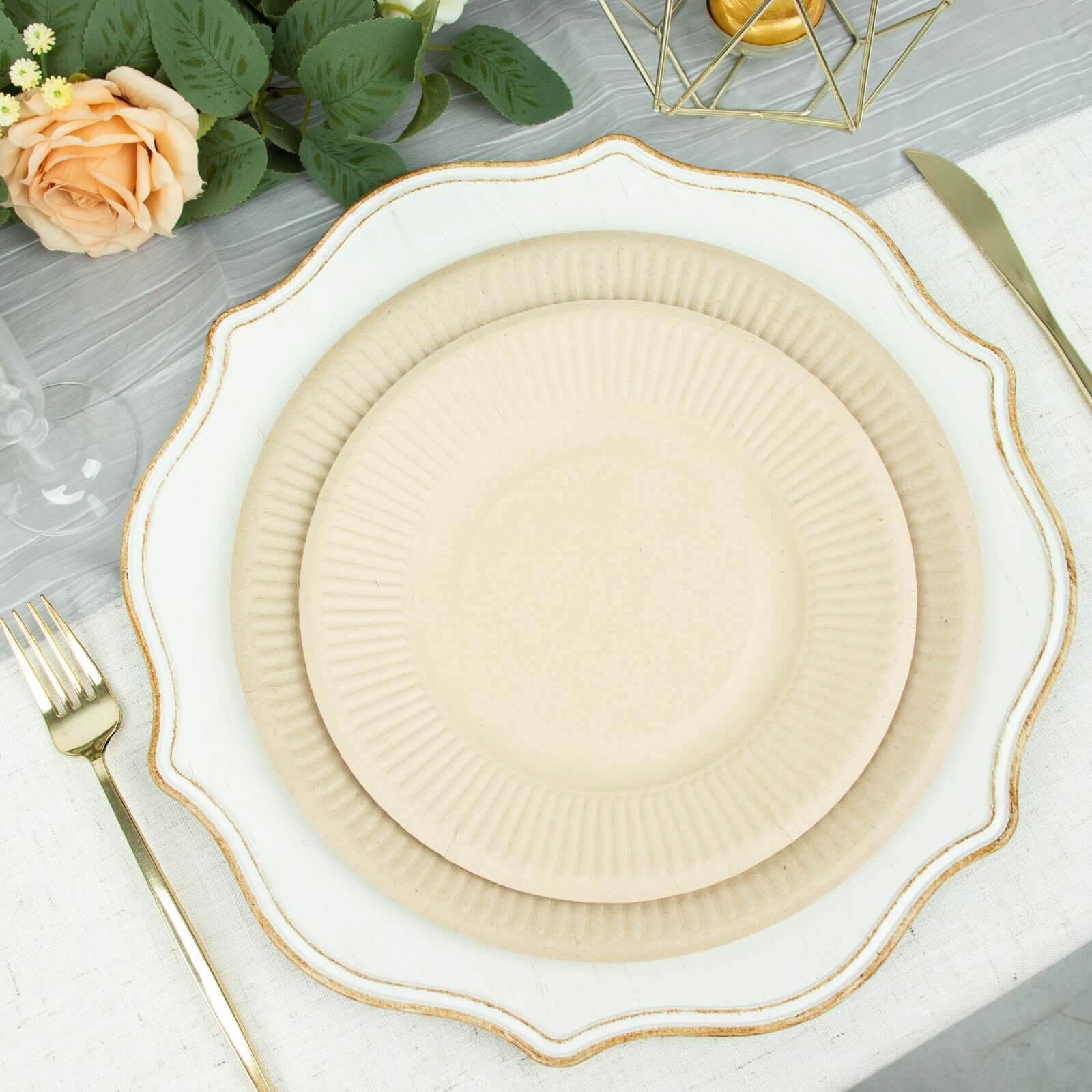 50-Piece Set of Natural 8-Inch Round Bagasse Dessert Plates with Ribbed Edge