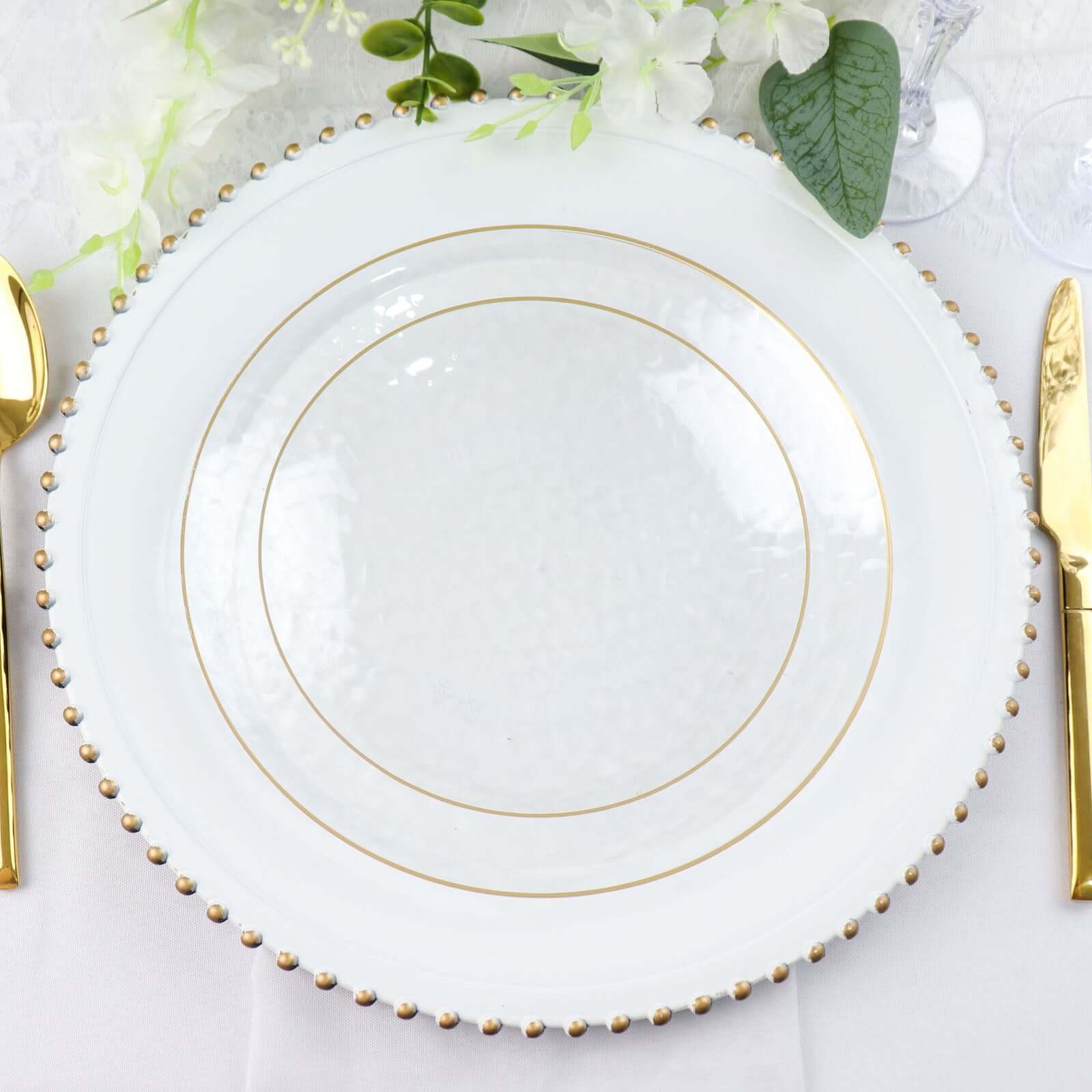 Hot Deal! 10-Pack Clear Plastic Round Dessert Plates with Hammered Gold Rim - Disposable & Modern