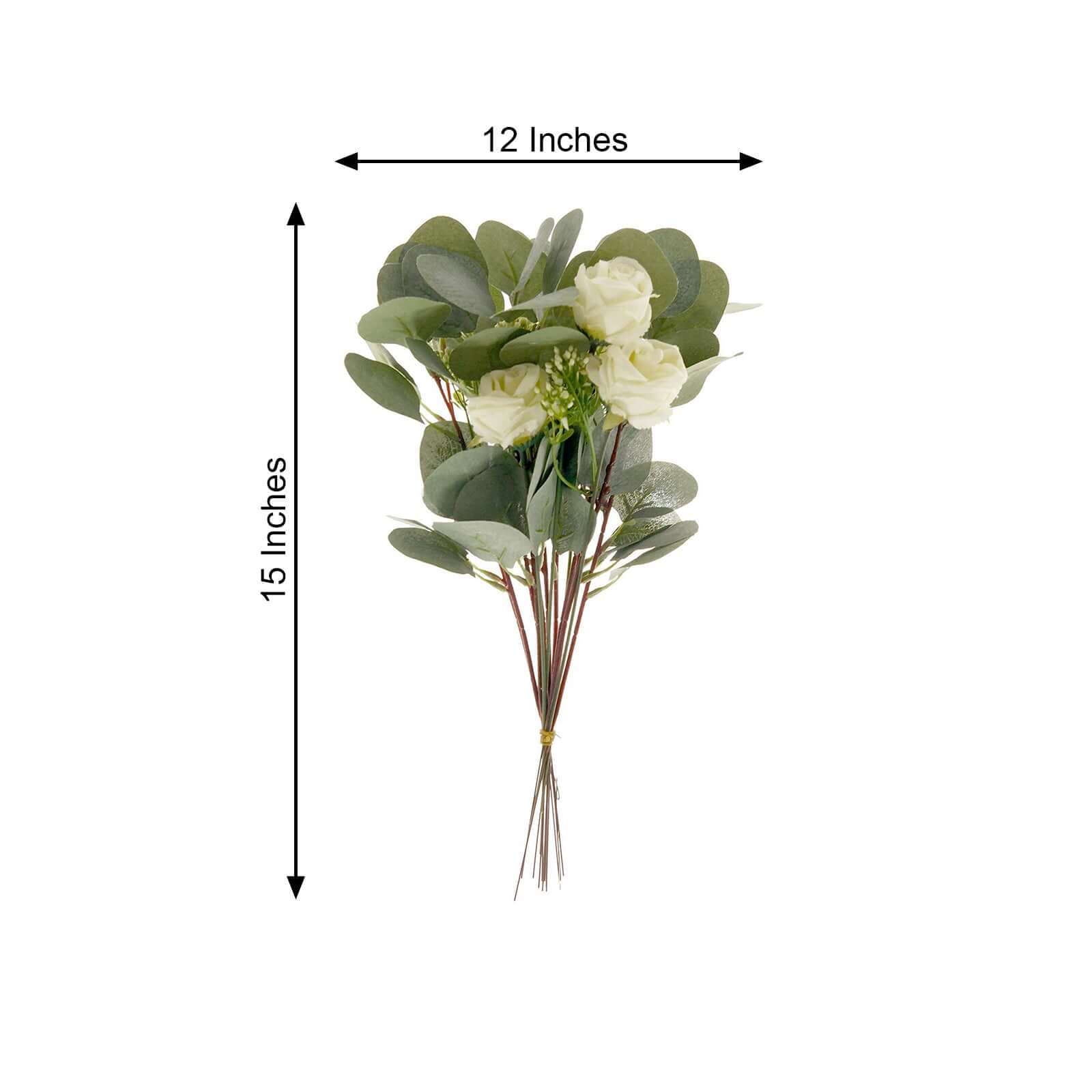 15-Piece Ivory Artificial Silk Rose and Eucalyptus Bouquet for Decor