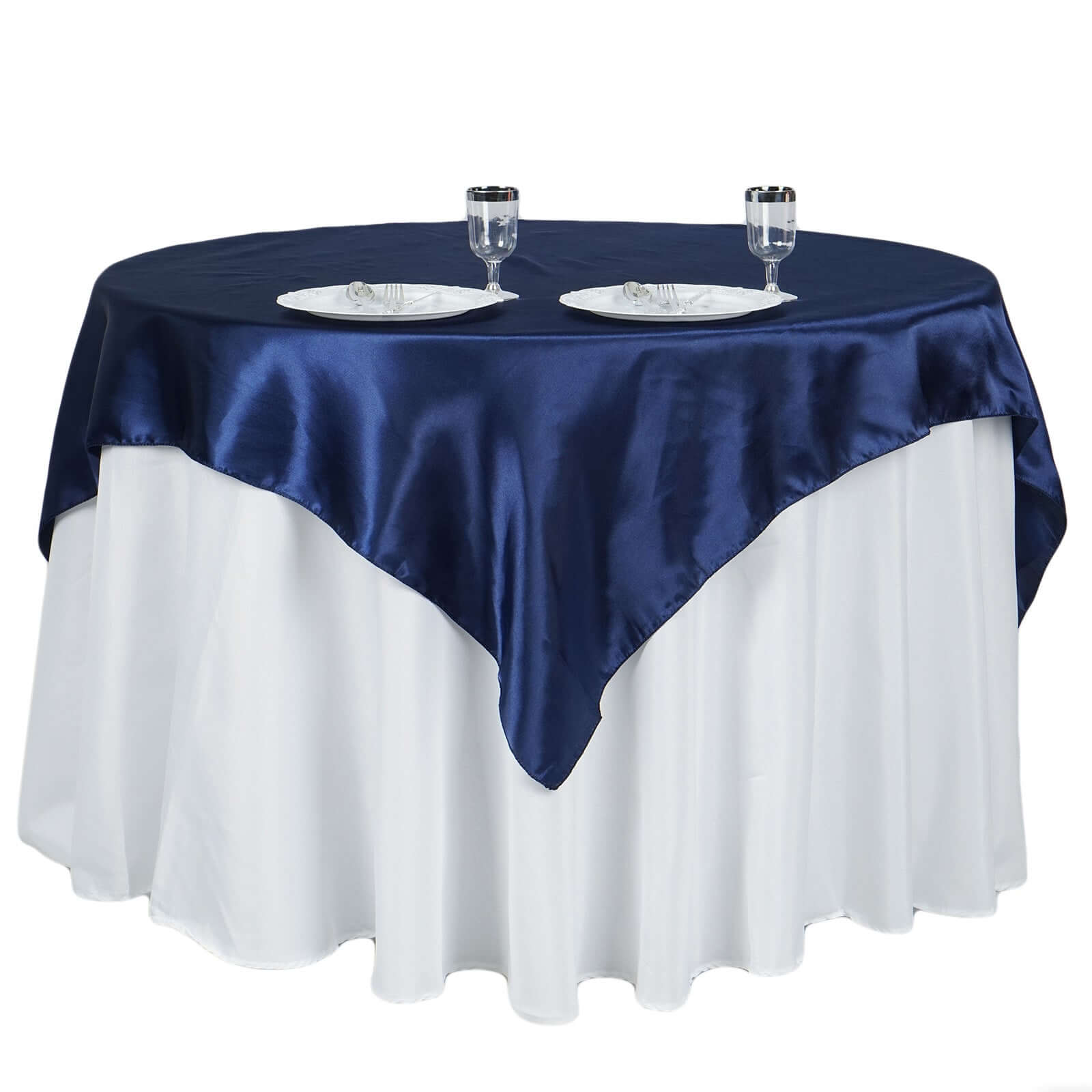 Navy Blue Satin 60x60 Square Table Overlay - Soft Silky Touch, Great for Decor