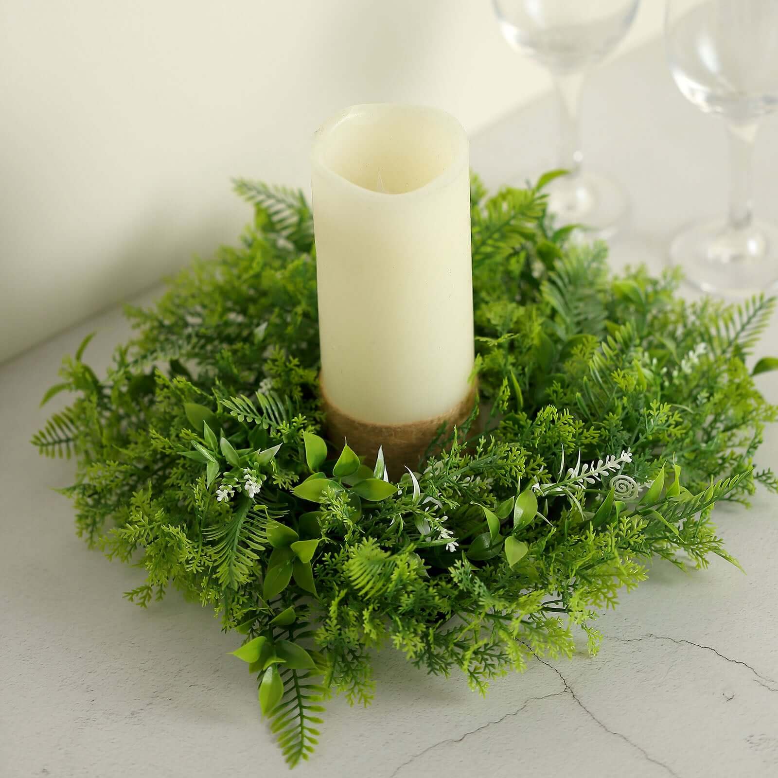 2-Pack Green Artificial Fern Leaf Candle Ring Wreaths - Ideal Decor