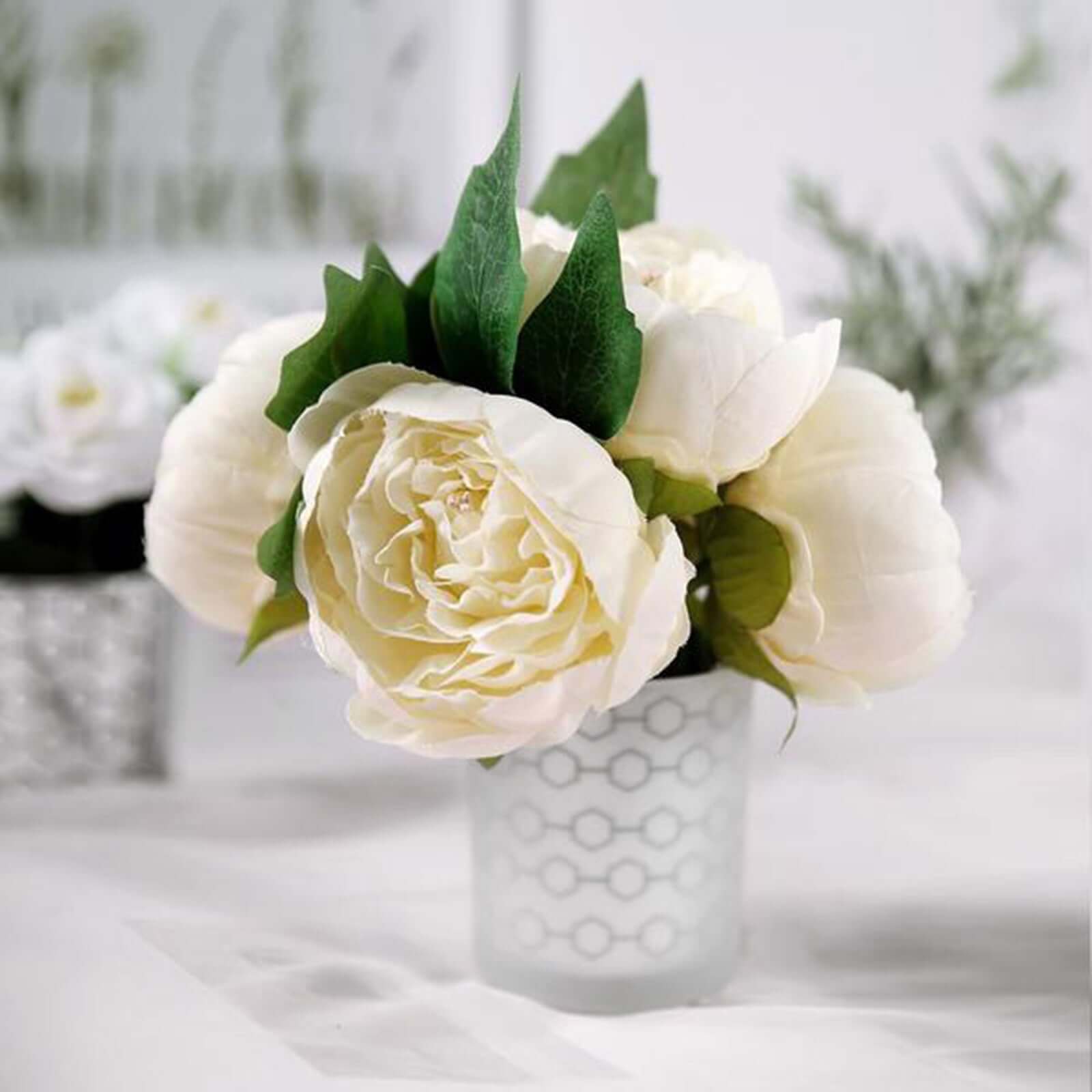 Stunning Beige Artificial Silk Peony Bouquet - 5 Flower Heads