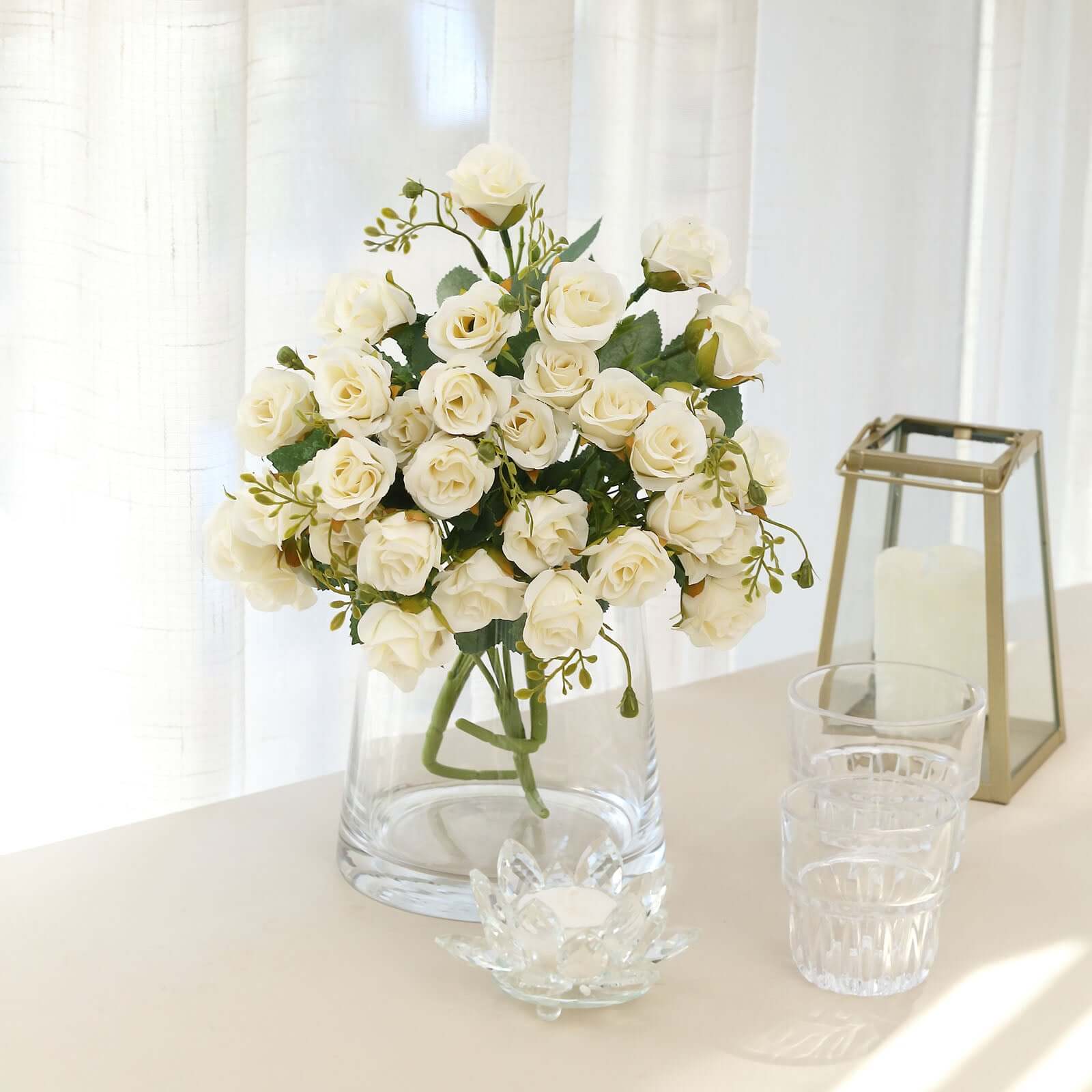2 Pack of 12-Inch Ivory Artificial Open Rose Flower Arrangements, Small Faux Floral Bouquets