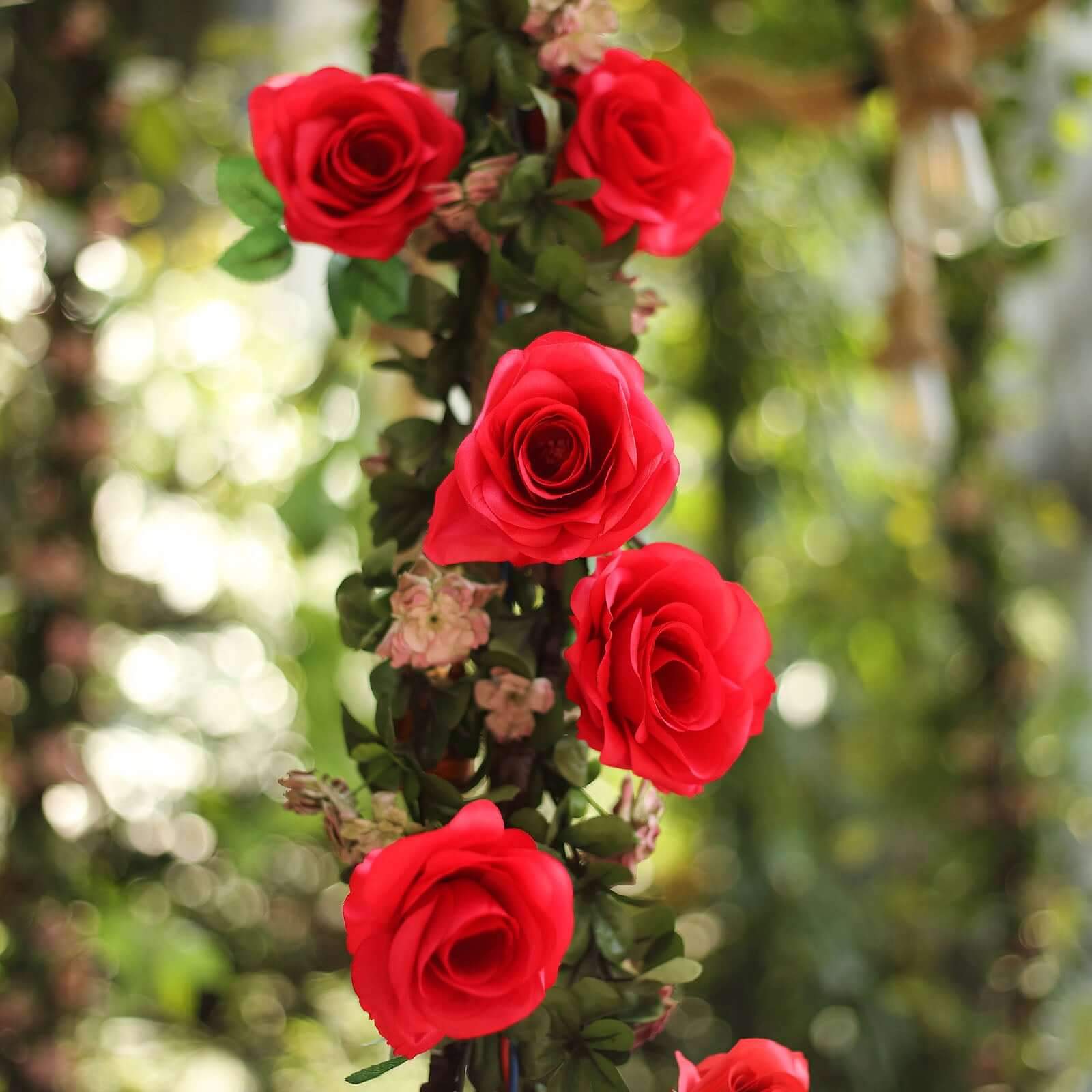 Hot Sale! 6ft Long Red Artificial Silk Rose Hanging Garland, Faux Vine for Decor