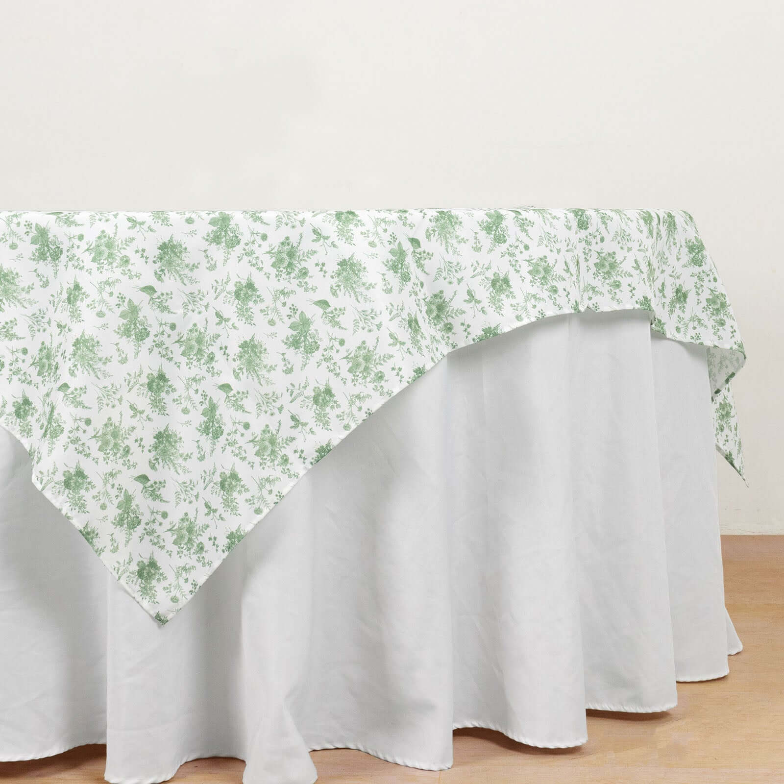 70x70 Polyester Square Table Overlay in Dusty Sage Green French Toile Pattern for Fine Dining