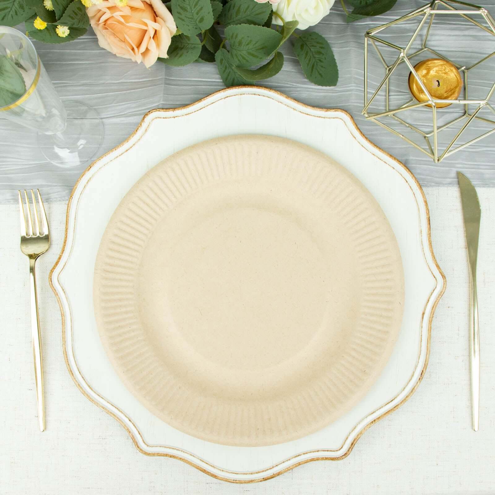 50-Pack Natural Ribbed Rim Round Dinner Plates Made of Bagasse - Eco-Friendly Sugarcane Party Plates