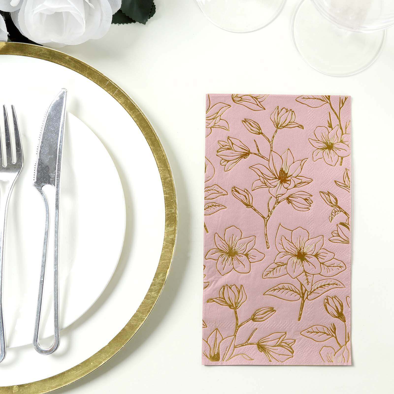 50-Pack Disposable 2-Ply Soft Paper Dinner Napkins in Dusty Rose with Gold Magnolia Prints for Parties