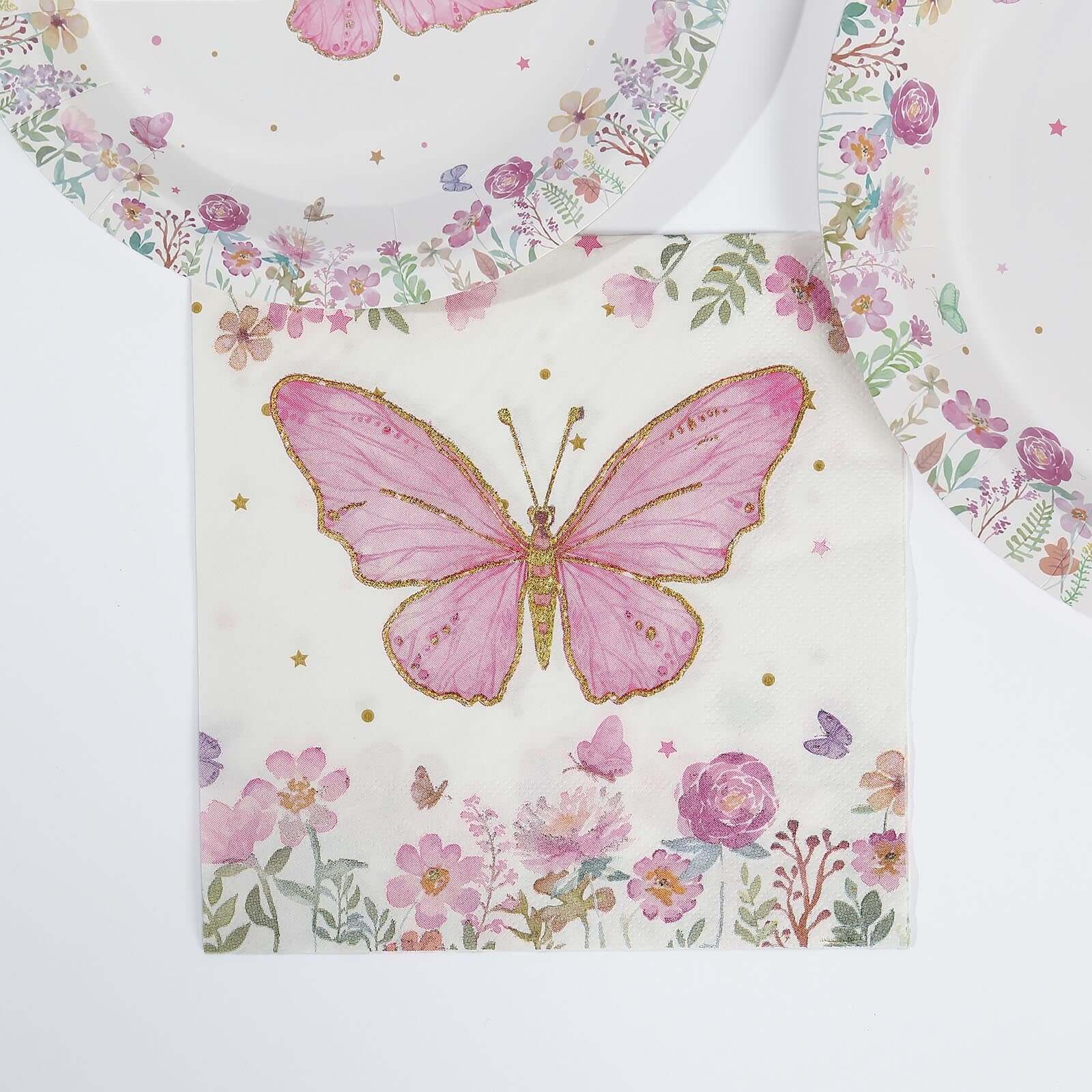 96-Piece Disposable Paper Dinnerware Set with Butterfly Print in White and Pink